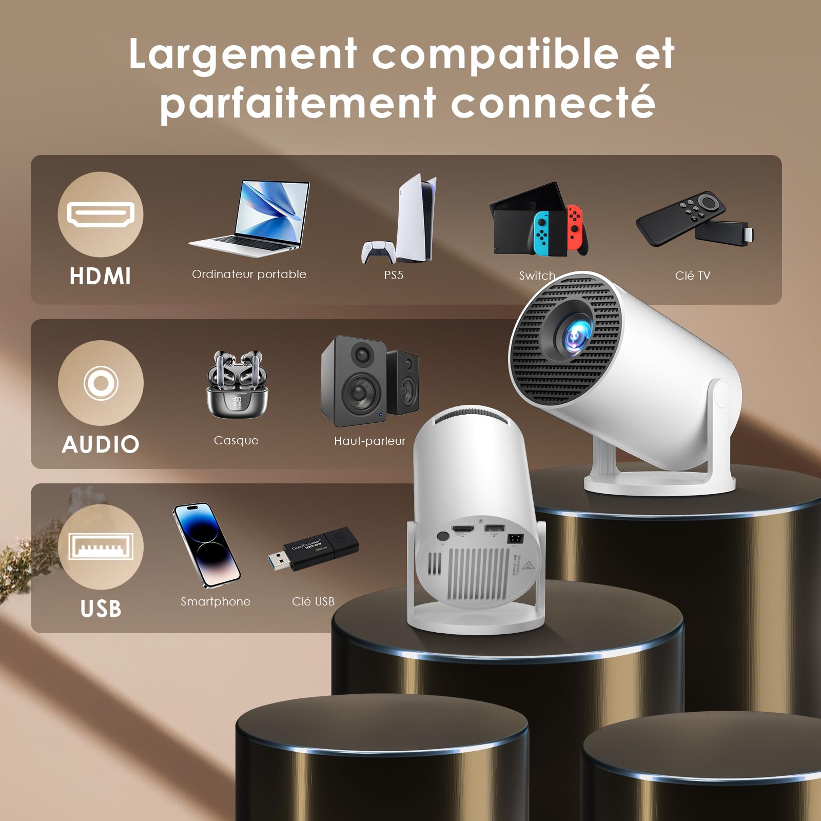 Salange 2026 Mini Vidéoprojecteur 4K Supportée Android 14, Smart Projecteur Vidéo Portable, avec WiFi 6 et Bluetooth Auto Keystone, Petit Retroprojecteur pour Téléphone Portable, Home Cinéma