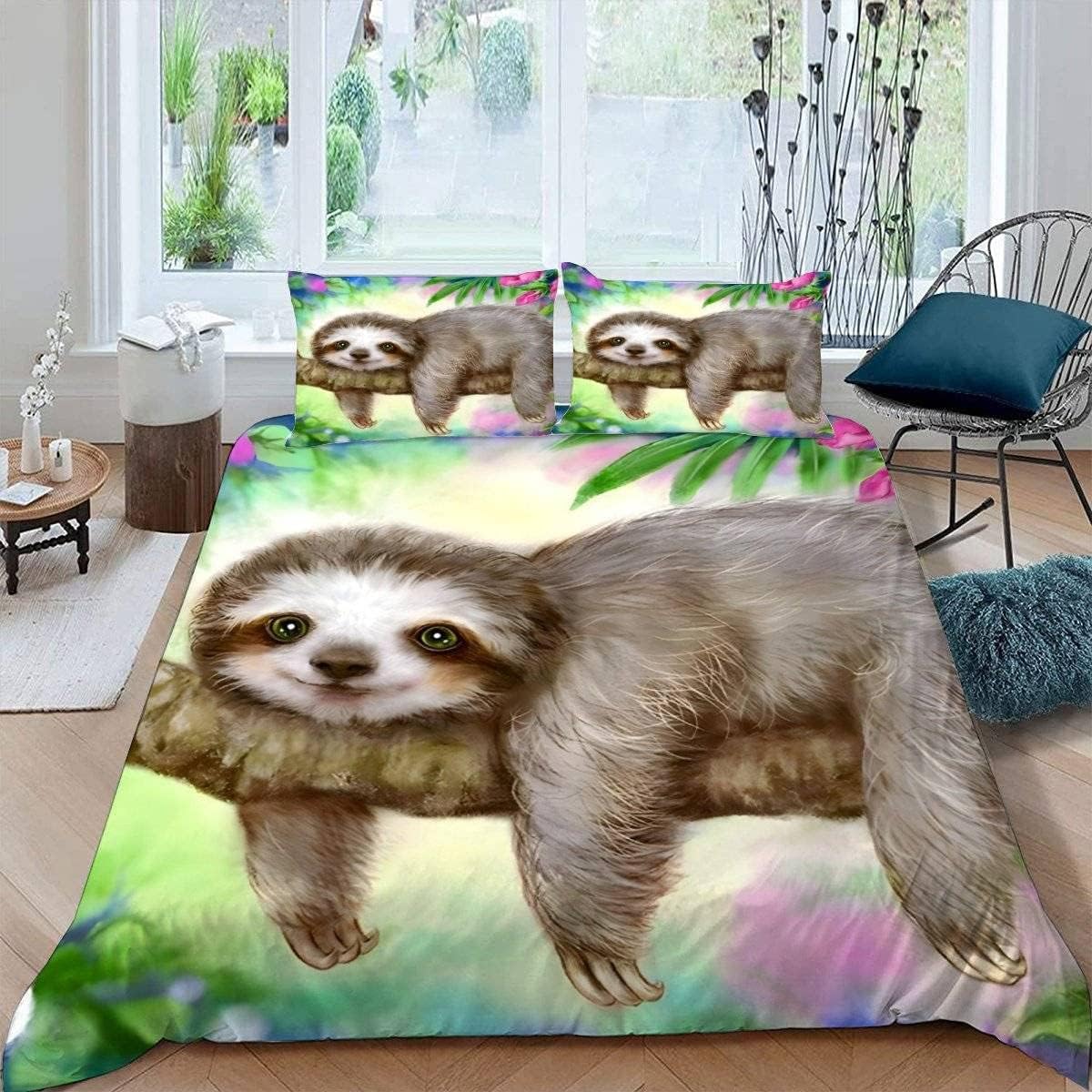 MEVASA Kids Bedding Sloth Duvet Cover Set - Fluffy Microfiber Hypoallergenic Single Duvet Cover 3 Pieces /135x200