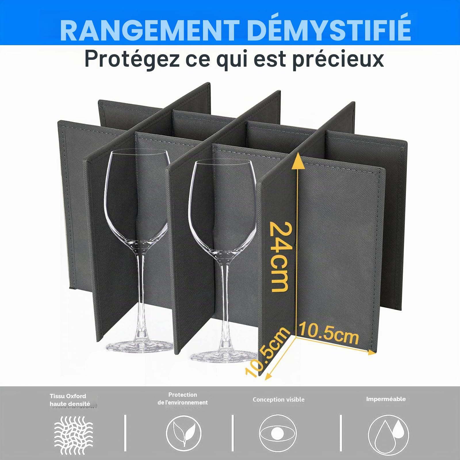 Boîtes de rangement en tissu pour verres à pied avec séparateurs, pour flûtes à champagne, verres en cristal fragiles, cuisine, placard, fête, camping, caravane (gris)