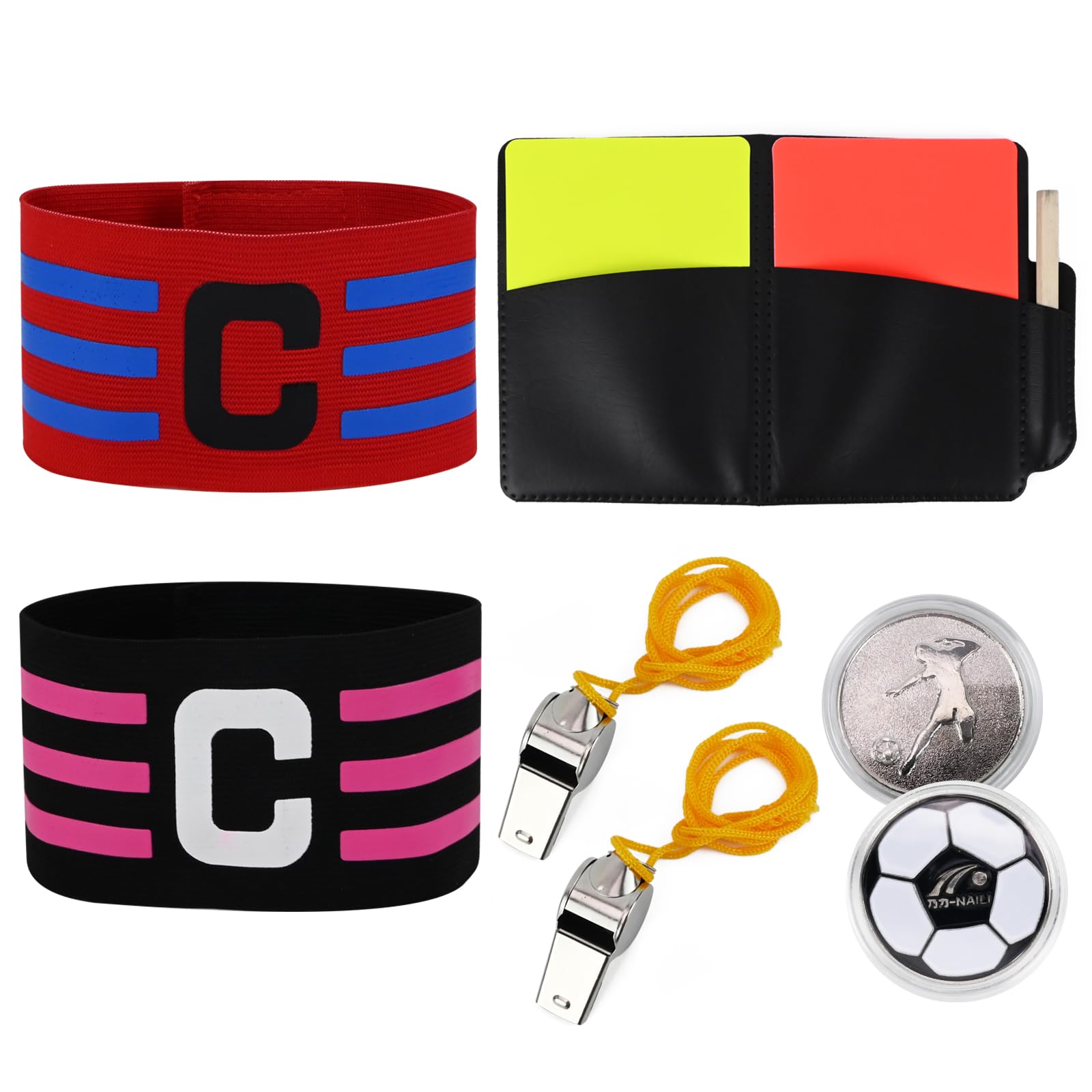 Juego de Árbitro con Tarjetas Rojas y Amarillas de Fútbol, Bolsa, Libro de Puntos, 2 Brazaletes de Capitán, 2 Silbatos de Metal y 1 Moneda de Elección para Partidos de Fútbol, Entrenadores
