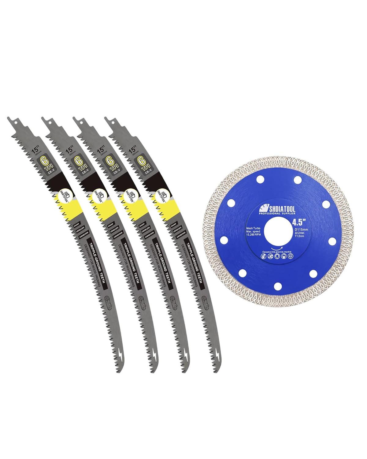 15-Inch Japanese Teeth Reciprocating Saw Blades 4PCS, DARTOTEK and SHDIATOOL 4-1/2-Inch Diamond Saw Blade Cutting Disc