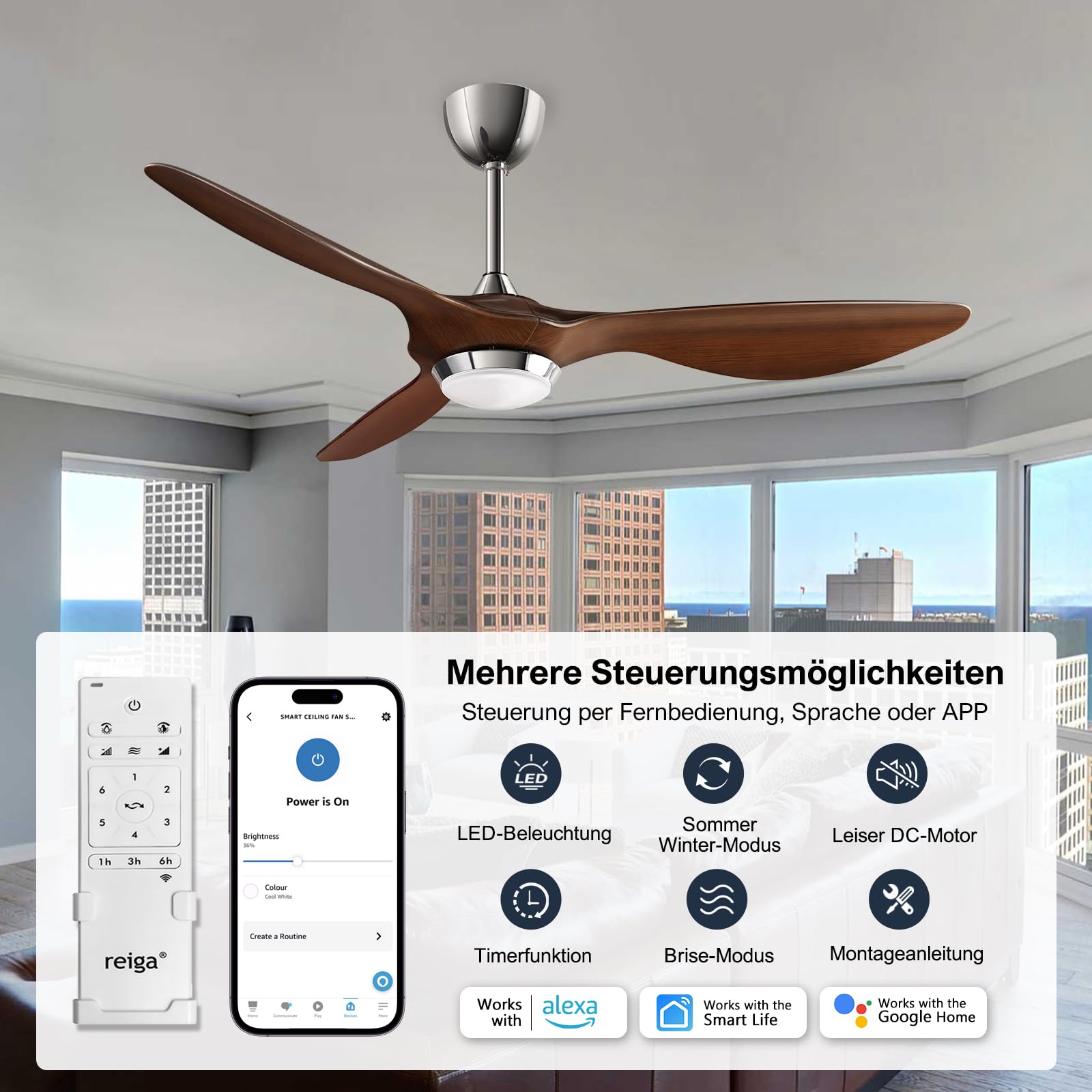 reiga Deckenventilator 132 cm mit LED Licht und Fernbedienung, Leiser Reversibler DC Motor, 6 Geschwindigkeitsstufen, Smart App Steuerung