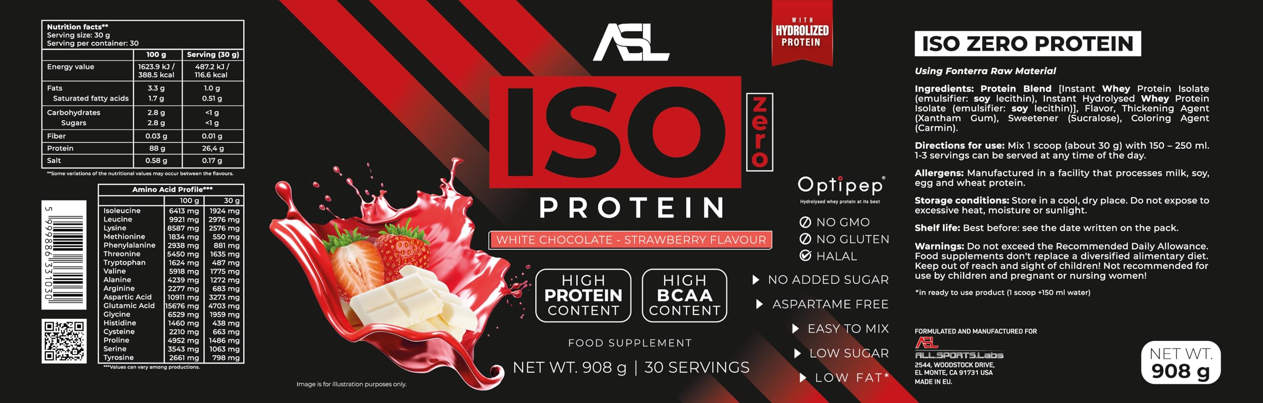 All Sports Labs Iso Zero Protéine – Chocolat Blanc Fraise – Isolat & Hydrolysat de Whey (Optipep®) – 88% Protéines – Faible en Sucres – Idéal Sèche & Récupération Musculaire – 908 g