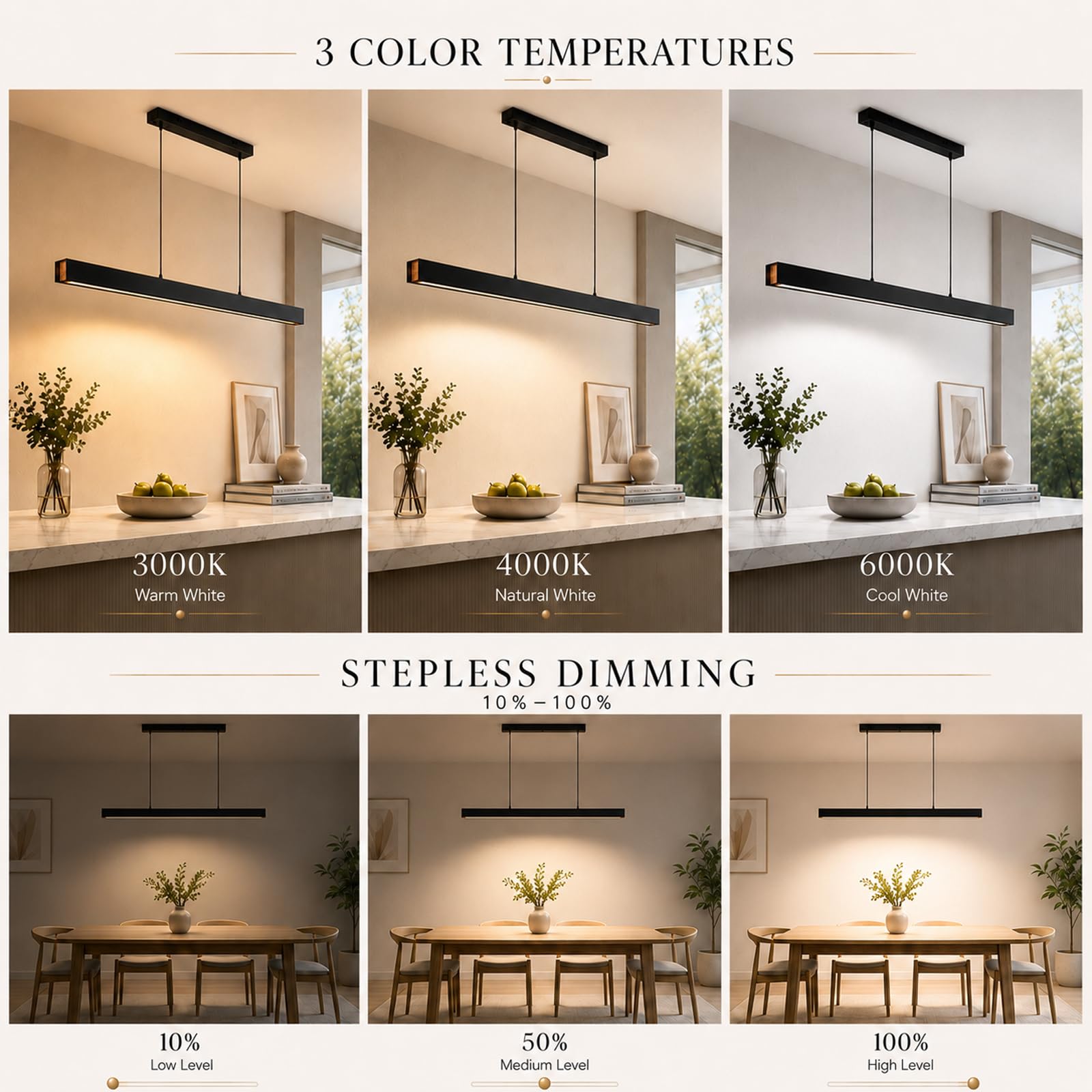 Lampadario LED Sala da Pranzo, Effetto Legno, Telecomando & App, Nero,150CM | Design Lineare, 3 Colori di Luce, Dimmerabile, Altezza Regolabile, 52W/3600lm, Sala da Pranzo, Cucina, Soggiorno, Ufficio