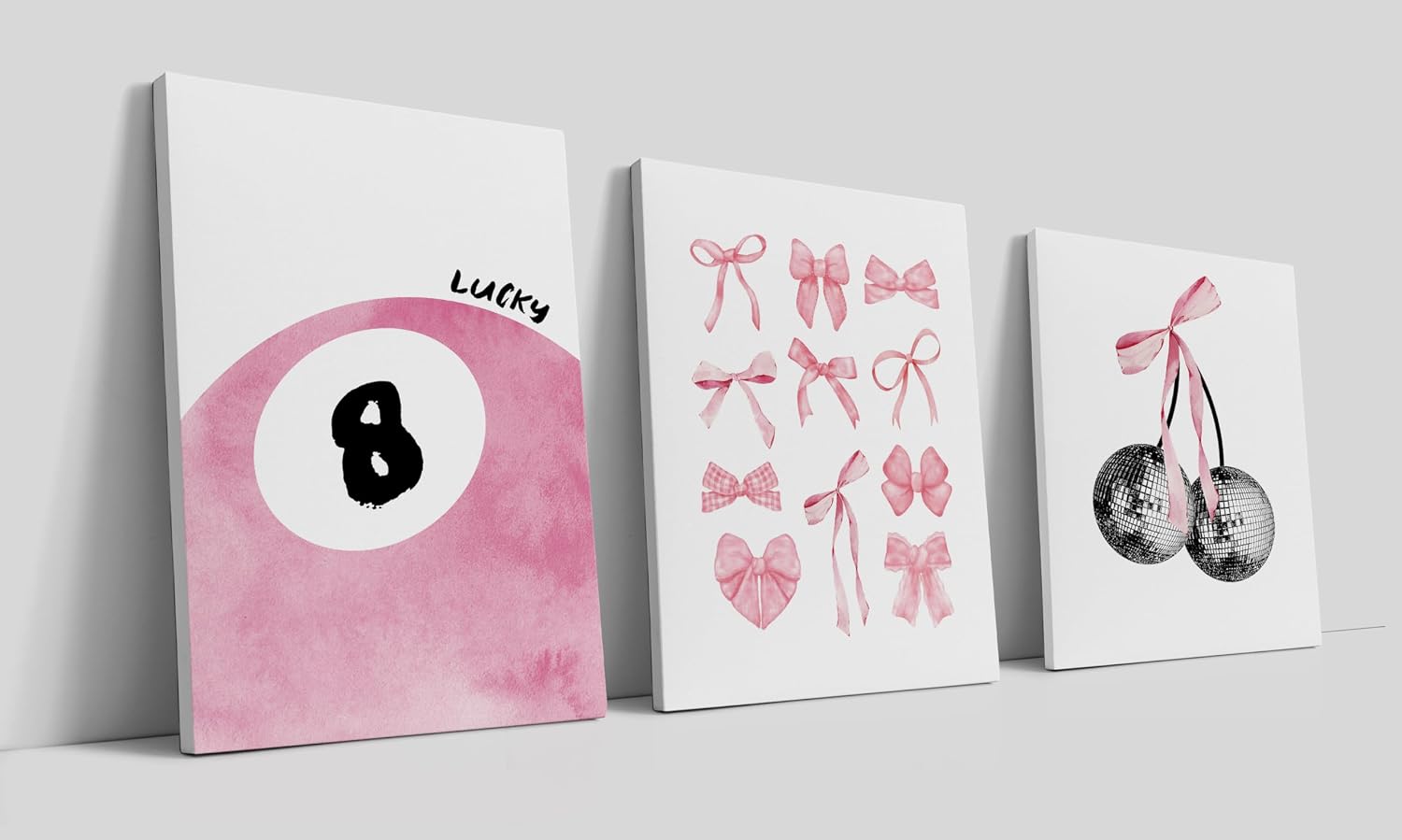 LiTiu Canvas Prints Framed Wall Art, Coquette Preppy Room Decor Aesthetic Set of 3, Pink Lucky 8 Ball Bows Disco Ball Cherry Preppy Coquette Wall Decor for Girls Bedroom Dorm 11x14 in