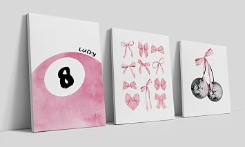LiTiu Canvas Prints Framed Wall Art, Coquette Preppy Room Decor Aesthetic Set of 3, Pink Lucky 8 Ball Bows Disco Ball Cherry Preppy Coquette Wall Decor for Girls Bedroom Dorm 11x14 in