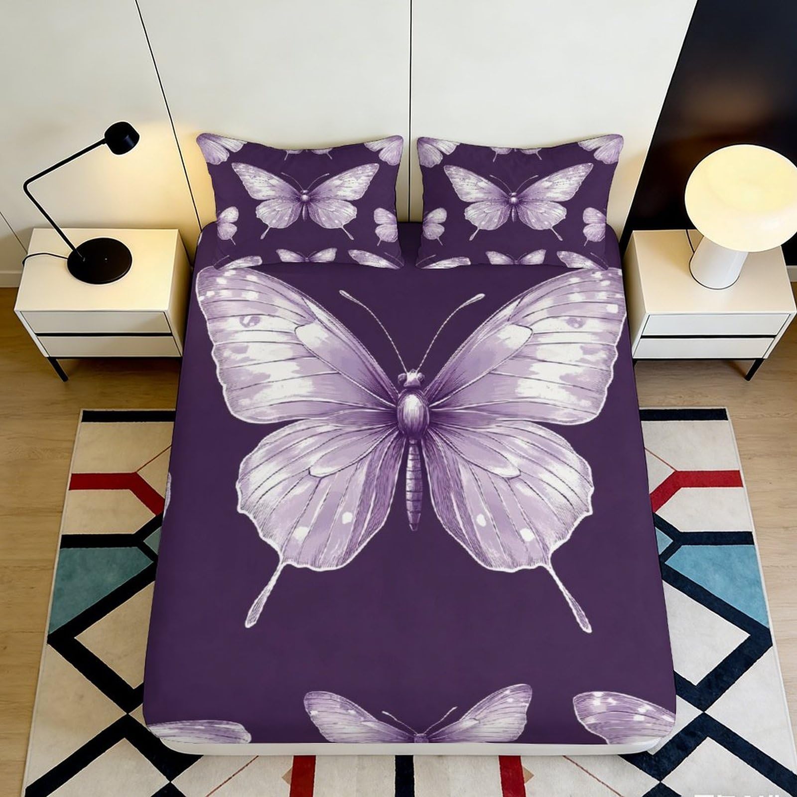Qjzxknhpgr Style-5 3D Printed Purple Butterfly Fitted Sheet Microfiber Soft Anti-Slip Bedroom Decor Youth Mattress Cover For Home Dorm Room 90X200x25cm