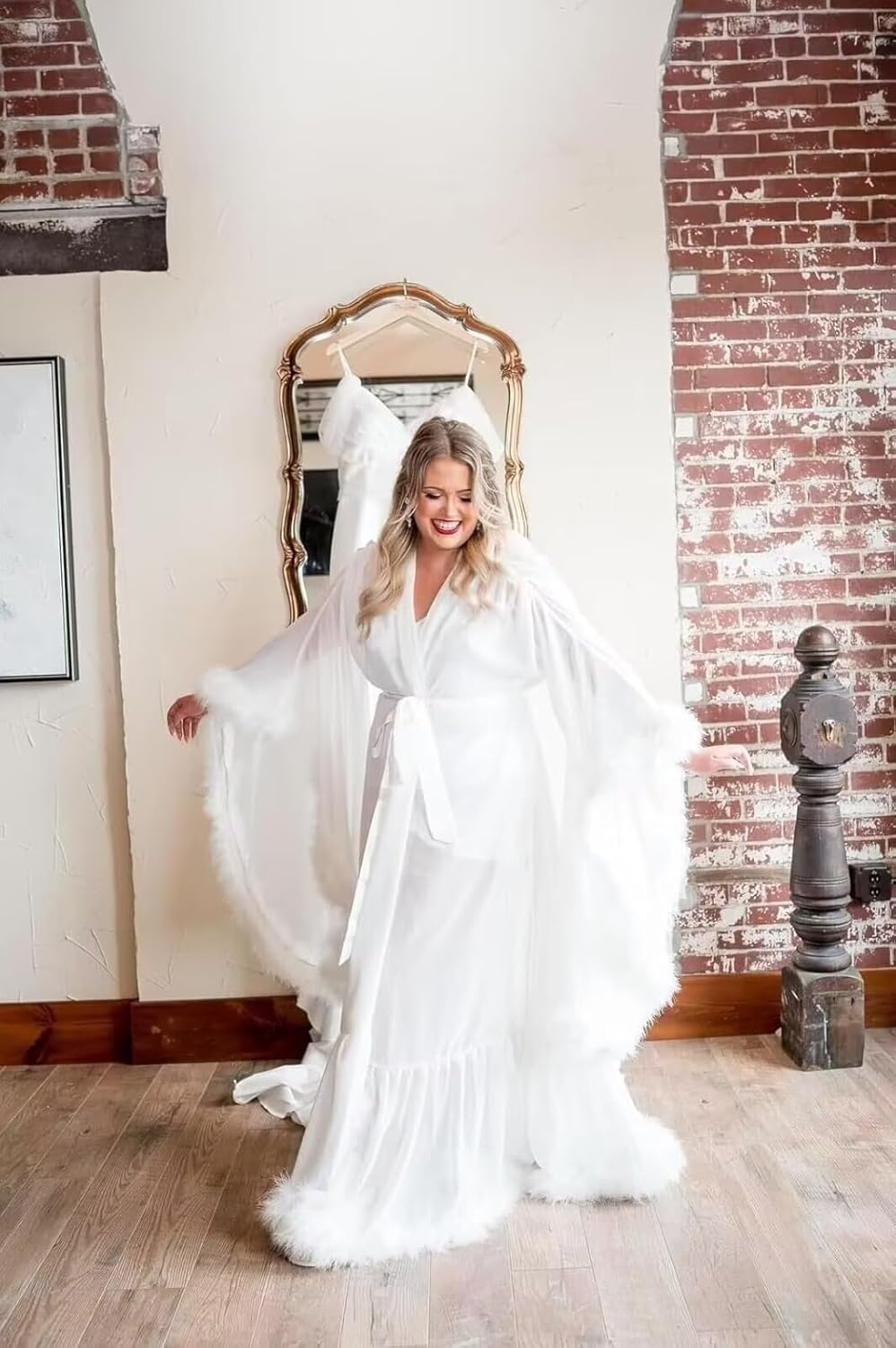 Feather Bridal Robe Long Fur Maternity Dress Wedding Scarf Lingerie Bathrobe Sleepwear Nightgown Photography - Image 6