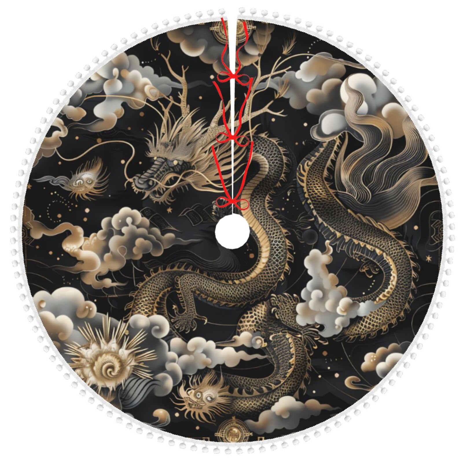 Jupe de sapin de Noël motif dragon noir double couche prestige