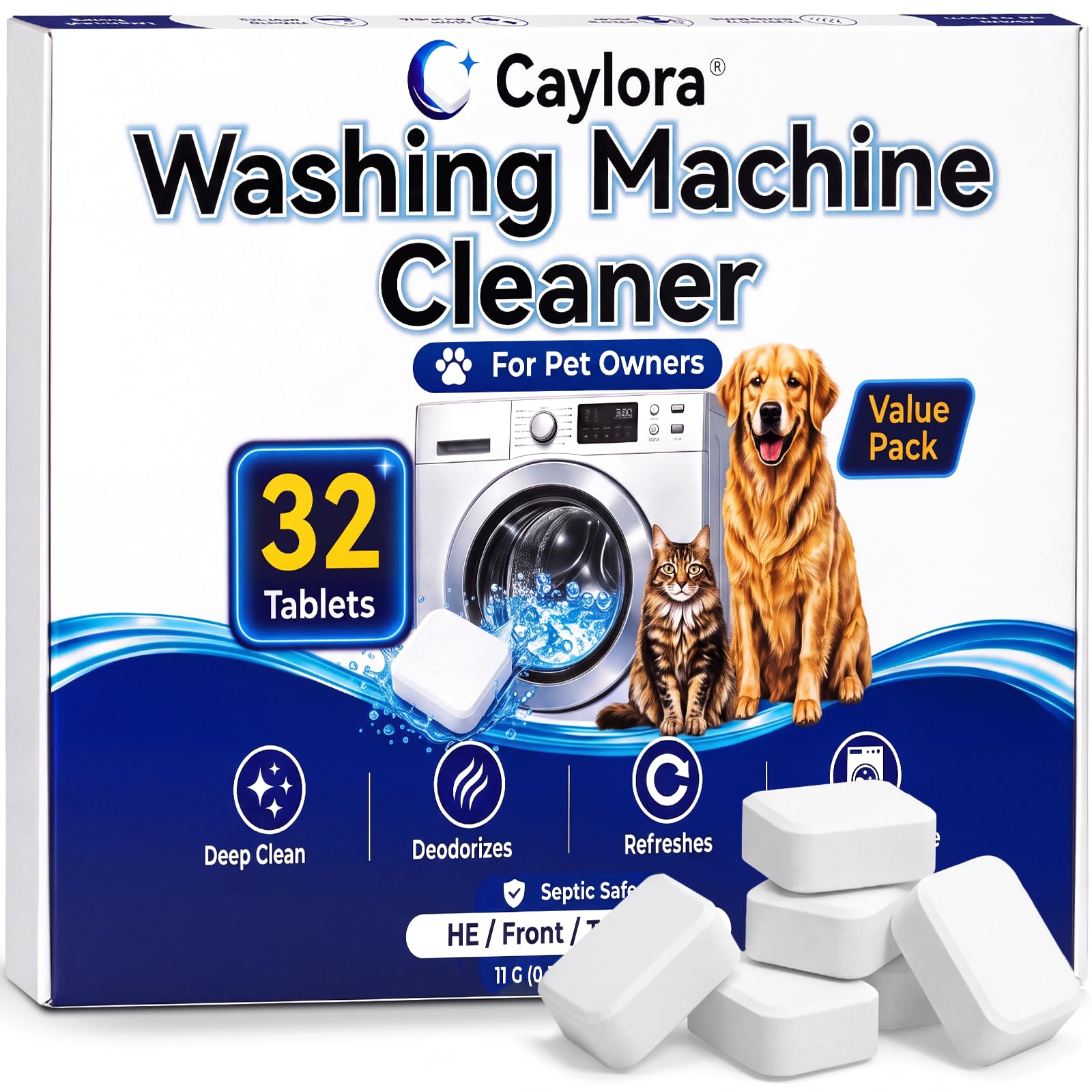 Enzyme Washing Machine Cleaner Tablets for Pet Owners, 32 Count