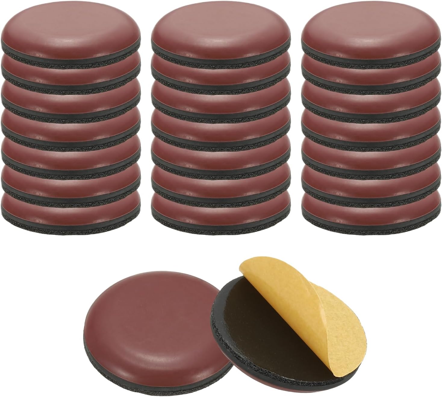 MECCANIXITY 24 Pcs Stick Furniture Sliders, 1-3/16" Chair Slider Furniture Sliding Pads Round Reusable Glides Glider for Carpeted Tile Vinyl Hardwood Floors Moving Protectors, Brown