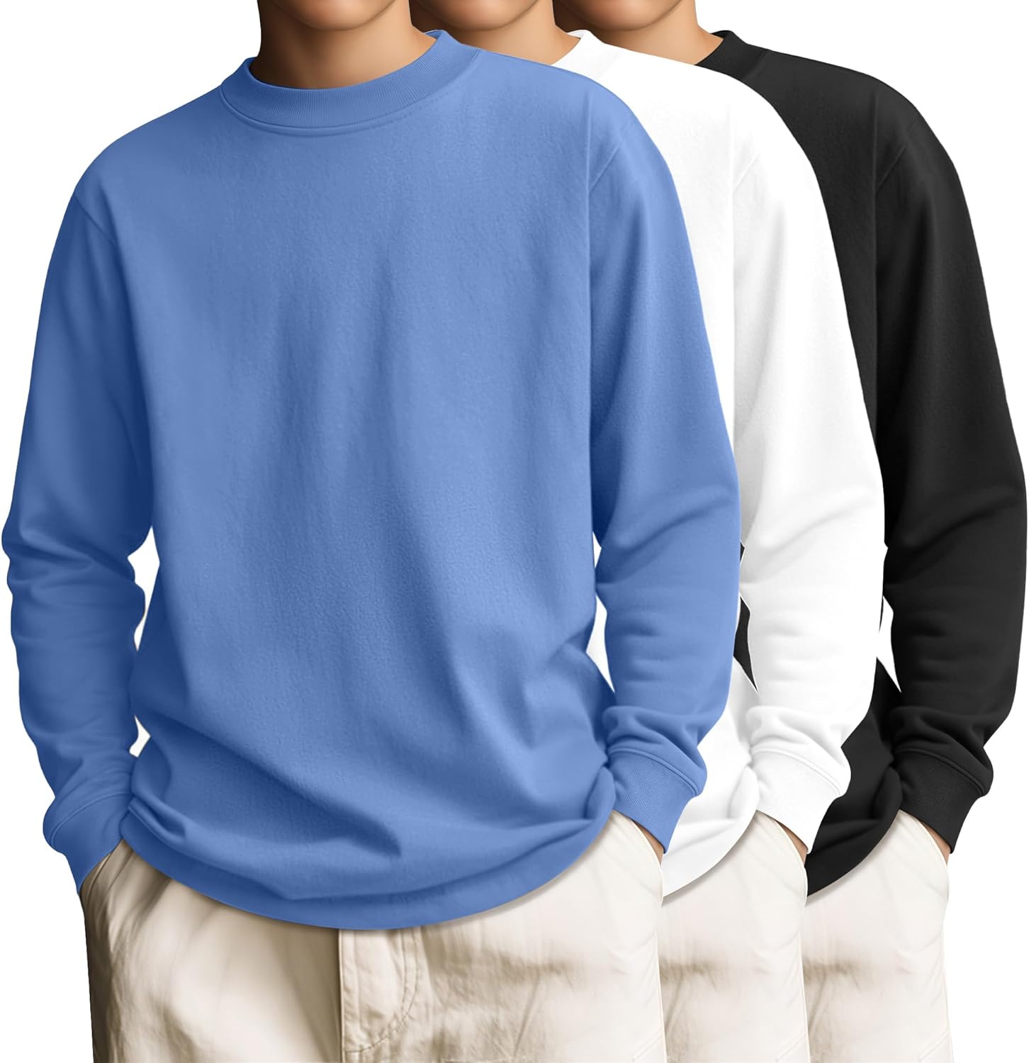 3 Pack Long Sleeve Shirts for Boy Crewneck Youth Undershirts Loose Kids Tops Winter Fall Basic Tee Pullover