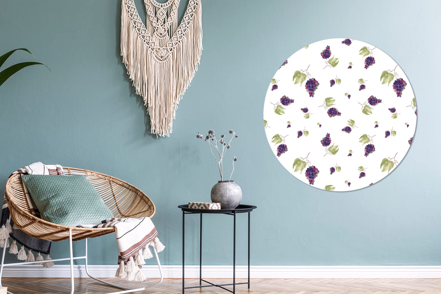 Wandbild Rund Wanddeko Deko Wohnzimmer Bilder 90x90 cm Weintrauben - Blau - Muster