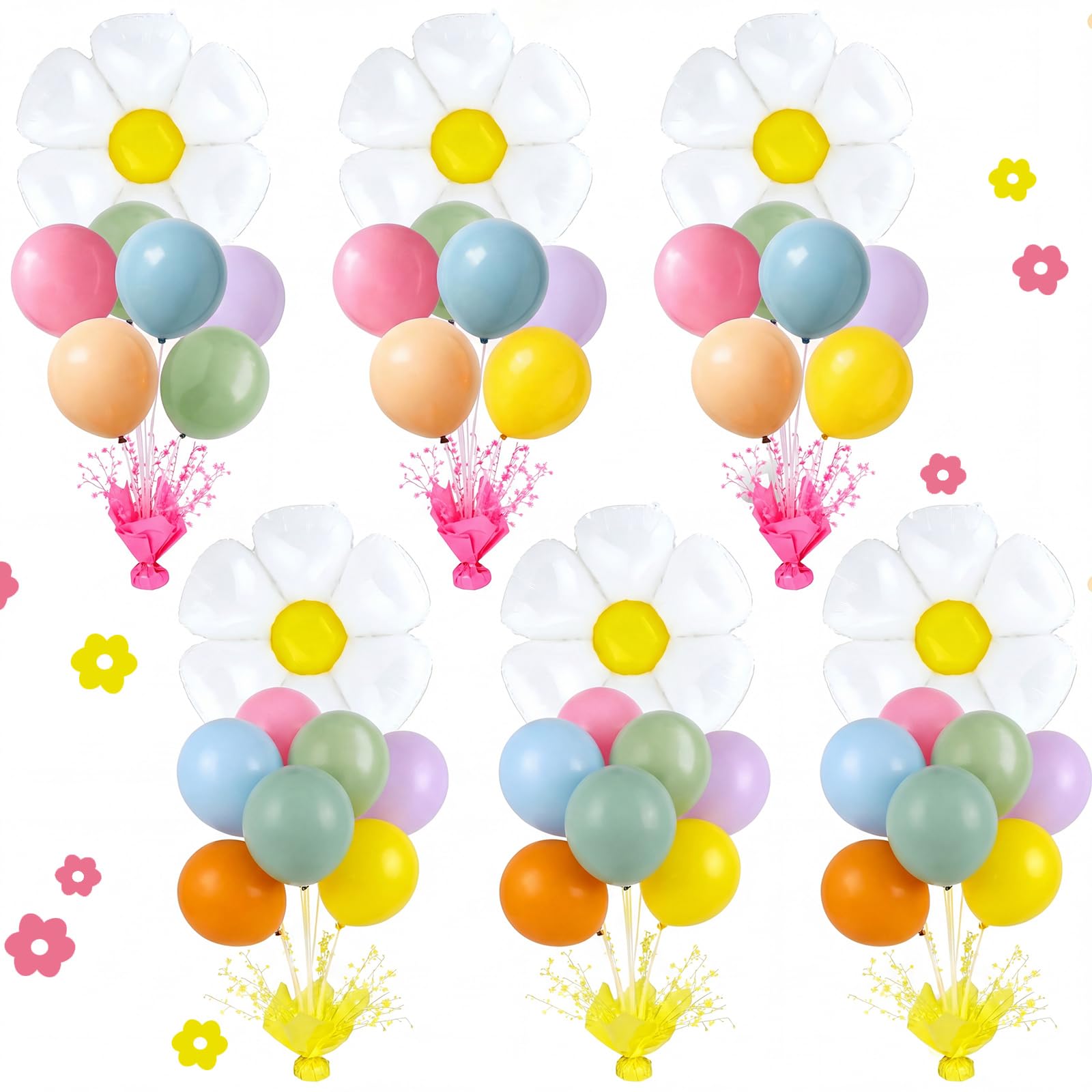 Civaner Lot de 6 supports de ballons de fête en forme de marguerite blanche pastel pour tables de printemps, fête des mères, fête prénuptiale, fête prénatale, mariage