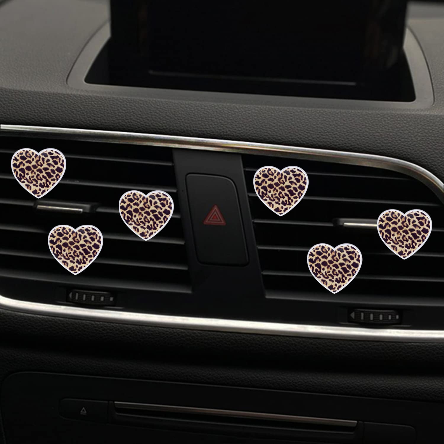 6 Stück Herz-Lüftungs-Clips, Leopardenmuster, Herz-Auto-Lufterfrischer-Clips, langlebig, Auto-Diffusor, Lüftungs-Clip, Auto-Innendekoration, Charm, Auto-Dekoration, niedliches Autozubehör für Frauen