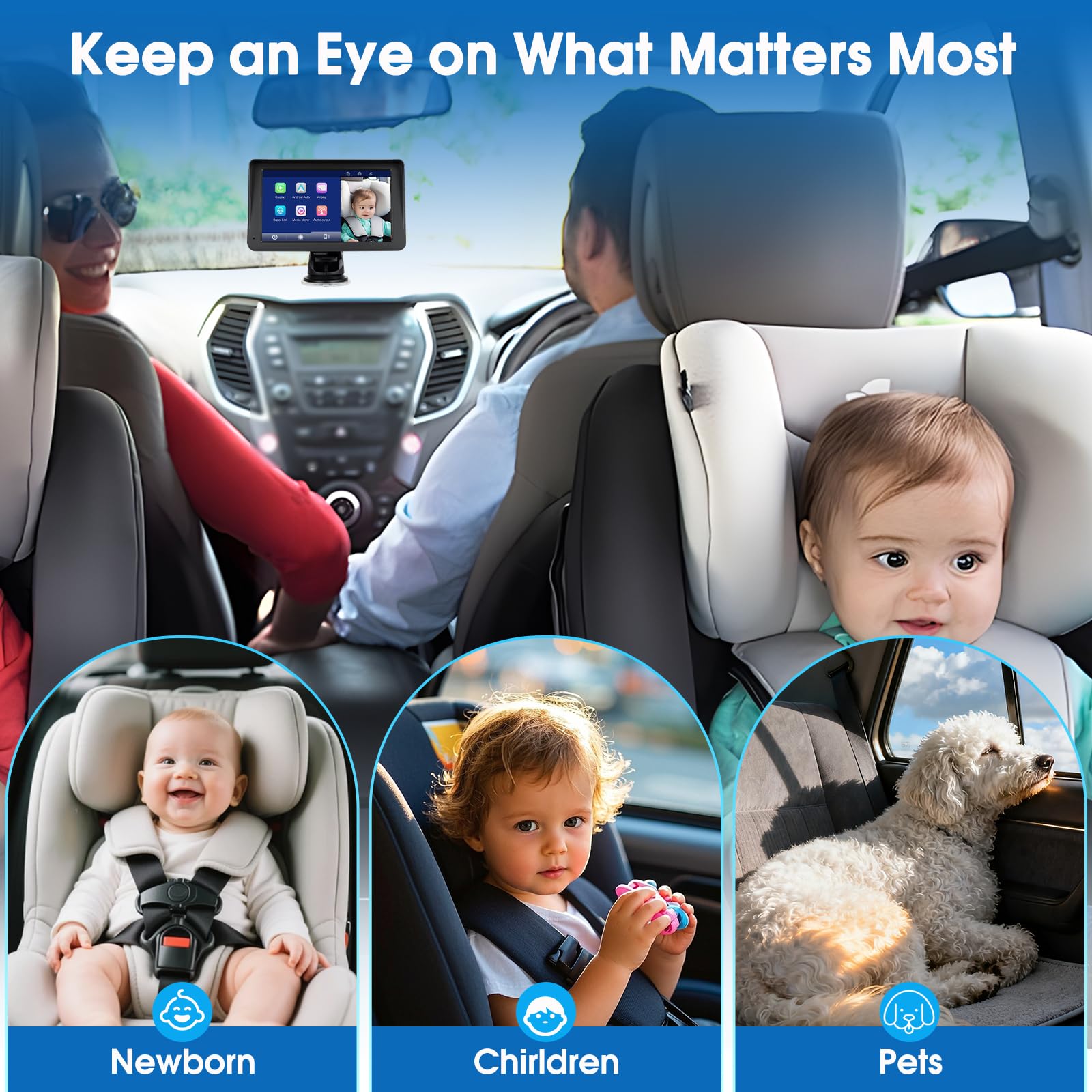 Caméra bébé 7'' avec écran Tactile IPS - Babyphone sans Fil Android Auto, AirPlay, Android Cast, Bluetooth, GPS en Ligne, Vision Nocturne avec éclairage Infrarouge, Installation Facile, 7-32V