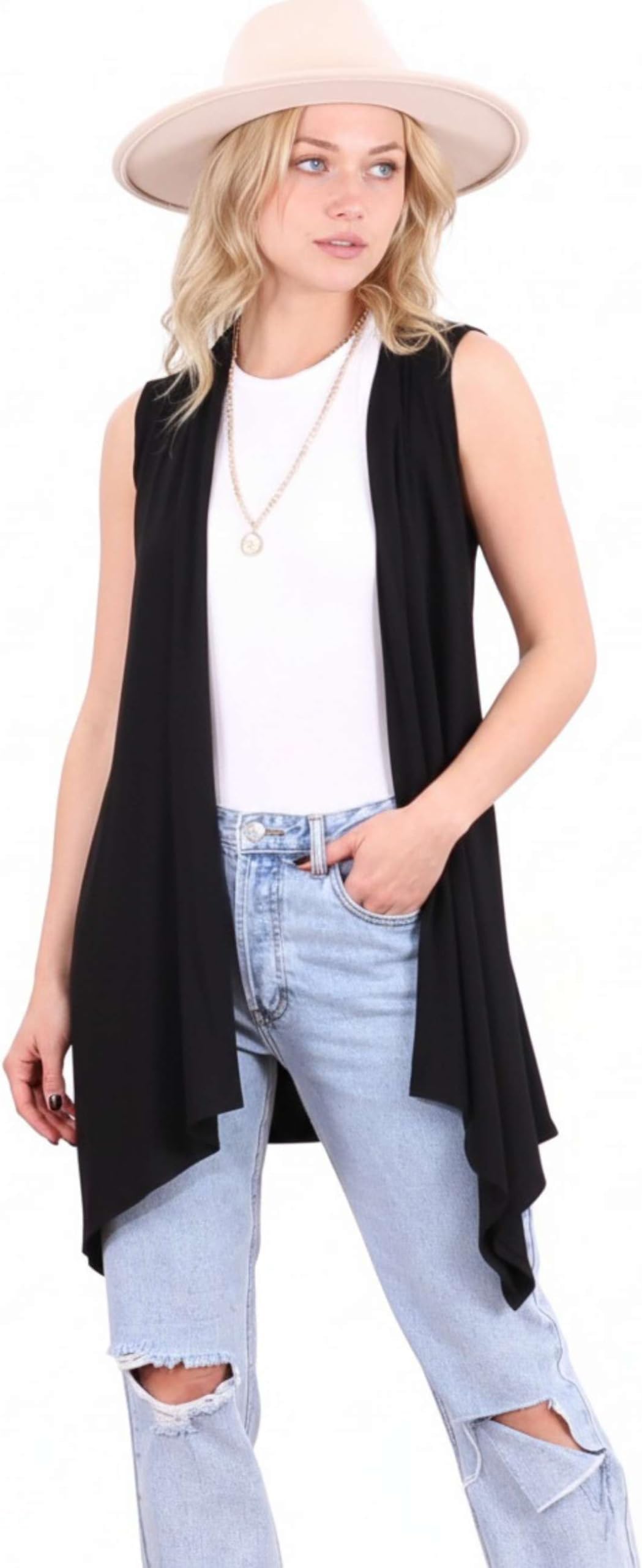 Long Sleeveless Cardigan for Women – Draped Open Front, Asymmetric Hem Long Sweater Vest