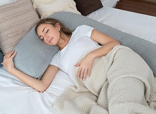 Miniatura 3 de AngQi Almohada de embarazo corporal con funda de jersey, almohada de cuerpo completo en forma de L para mujeres embarazadas y dormir de lado, gris
