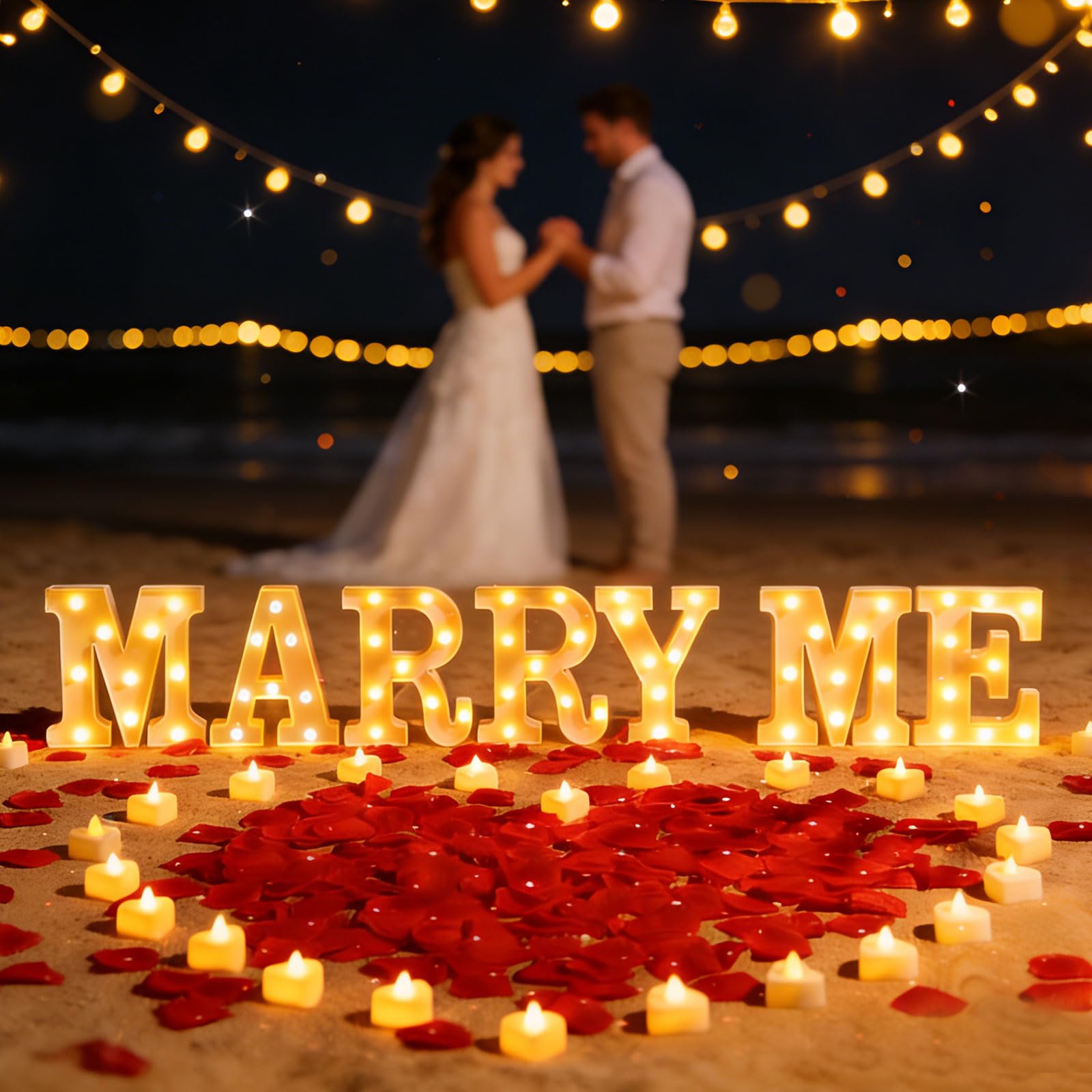 MeYuxg 2031 Stück MARRY ME Leuchtbuchstaben LED-Schild, MARRY ME-Schild mit 24 flammenlosen Herzkerzen, 2000 Rosenblättern für Heiratsantrag, Valentinstag, Verlobung, Hochzeit