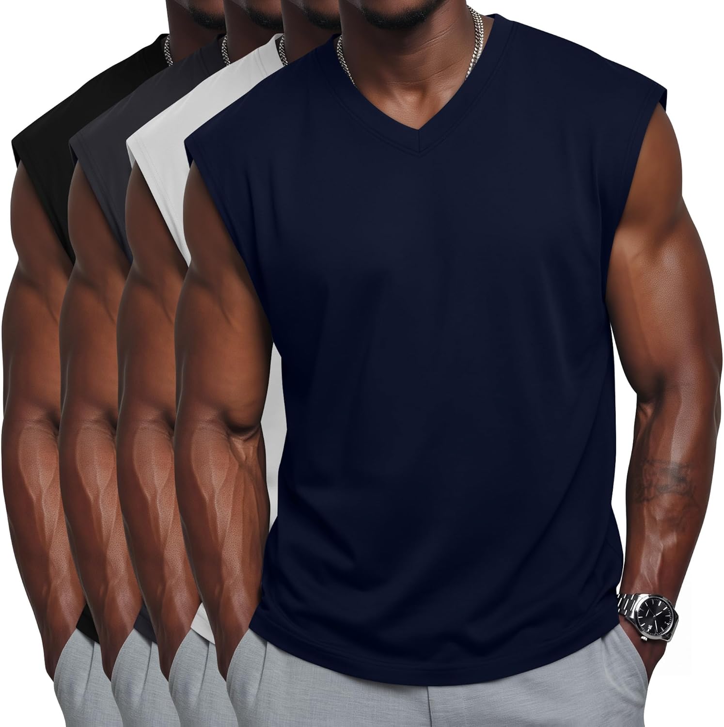 August Alley 4 Pack Mens Big and Tall Tank Tops V Neck Sleeveless T Shirts Cut Off Muscle Shirts Gym Workout Tee