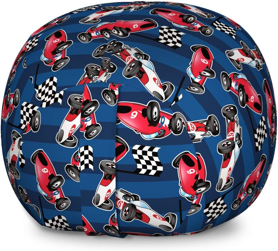 Ambesonne Cars Storage Toy Bag Chair, Vintage Racing Cars on Blue Stripes with Checkered Flags Automobile Sports, Stuffed Animal Organizer Washable Bag, Large Size, Navy Blue