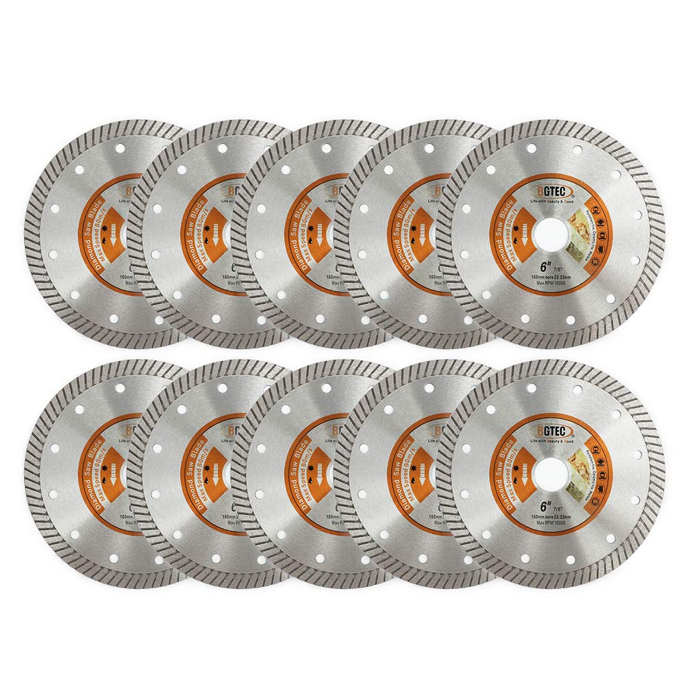 BGTEC Diamond Tile Blade,10pcs 6" Super Thin Turbo Rim Concrete Porcelain Saw Blade with 7/8" Arbor for Cutting Porcelain Tile Ceramic Granite Marble Hard Material Cutting Disc