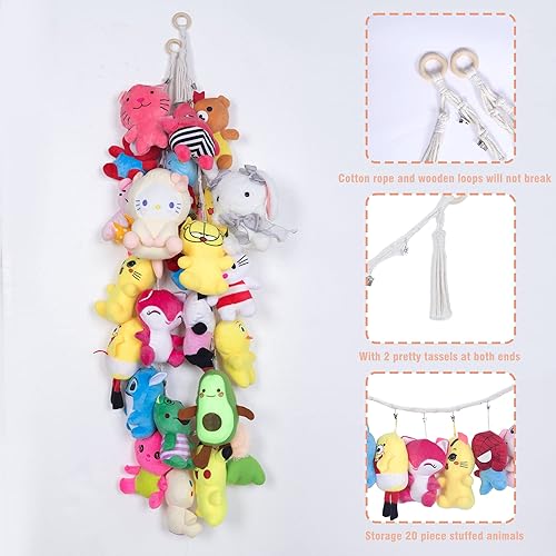 Miniatura 3 de Cadena de almacenamiento colgante de algodón de 80 pulgadas para almacenamiento de animales de peluche con 20 clips de metal, cadena para pared o