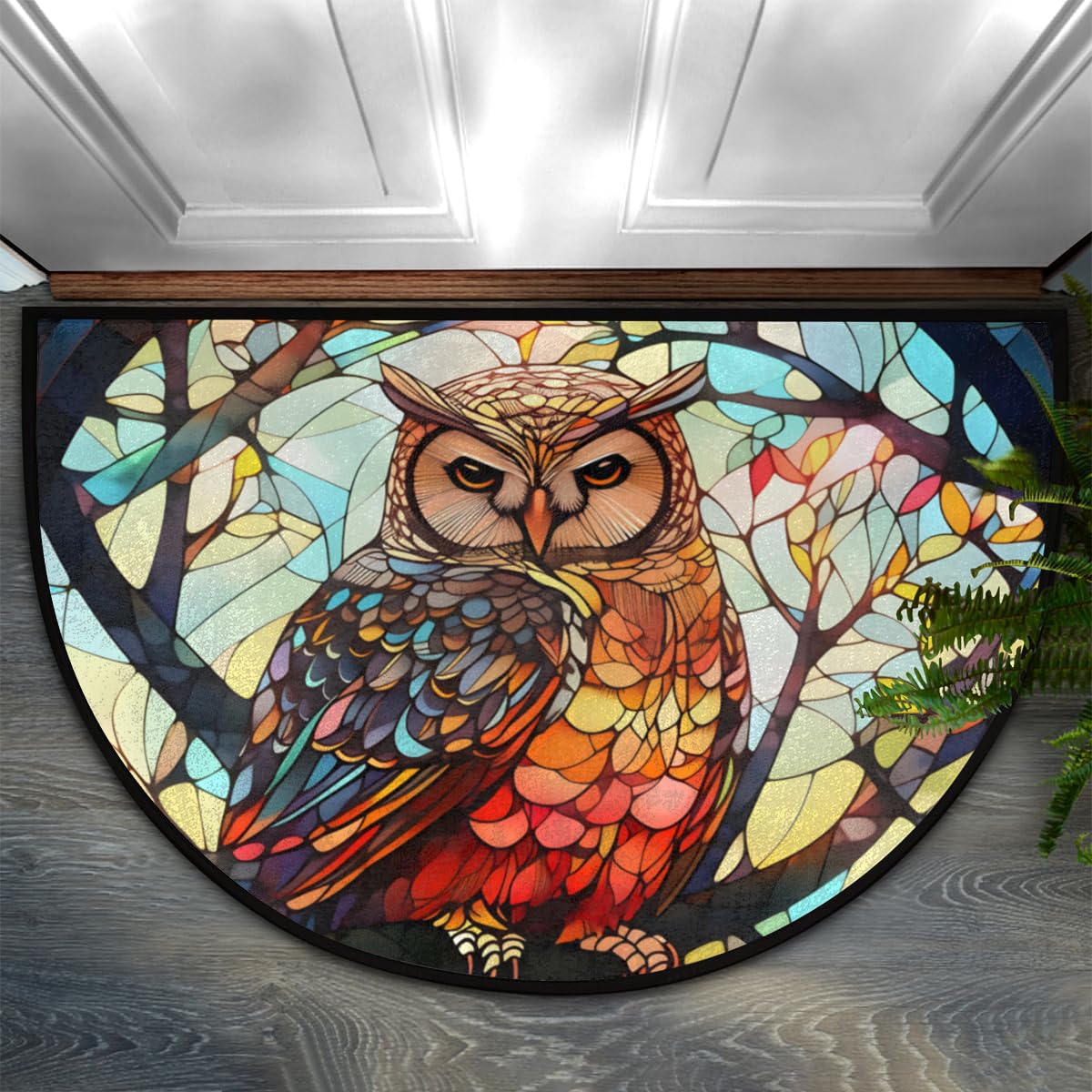 Owl Glass Window Half Round Door Mat, Non-Slip Entrance Welcome Mat for Indoor Semi Circle Bathroom Floor Rugs Outdoor Mats House Entry Way Heavy Duty