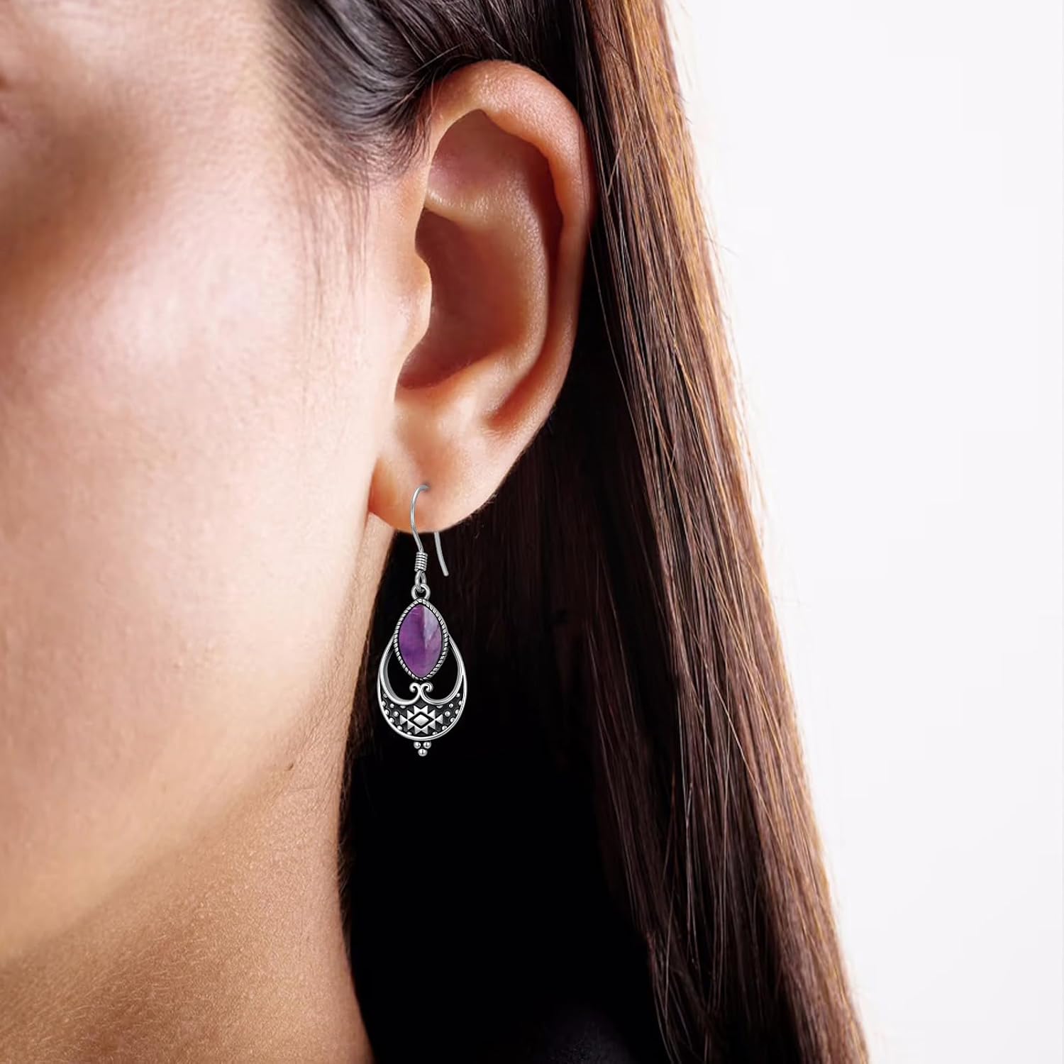 Natural Amethyst Vintage Openwork Dangle Earrings, 925 Sterling Silver Marquise Gemstone Earrings, Boho Chic Jewelry Gift for Women - Image 4