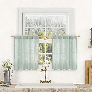 LAMIT Short Kitchen Linen Curtains 24 Inch Length for Small Windows, Semi Sheer Light Filtering Panels Back Tab and Rod Pocket Cafe Drapes for Half Window, Light Sage, 2 Panels, 34 x 24 Inch