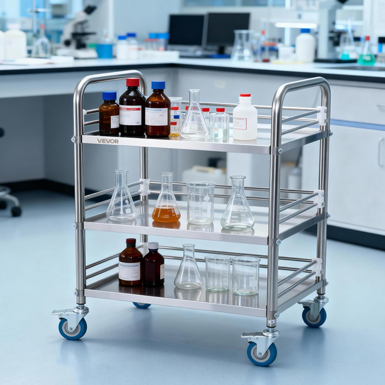 VEVOR Carrello da Laboratorio in Acciaio Inox a 3 Livelli con Ruote Bloccabili, Carrello per Servizio Medico, Vassoio per Clinica, Vassoio di Stoccaggio Mobile per Impieghi Gravosi per Ospedale