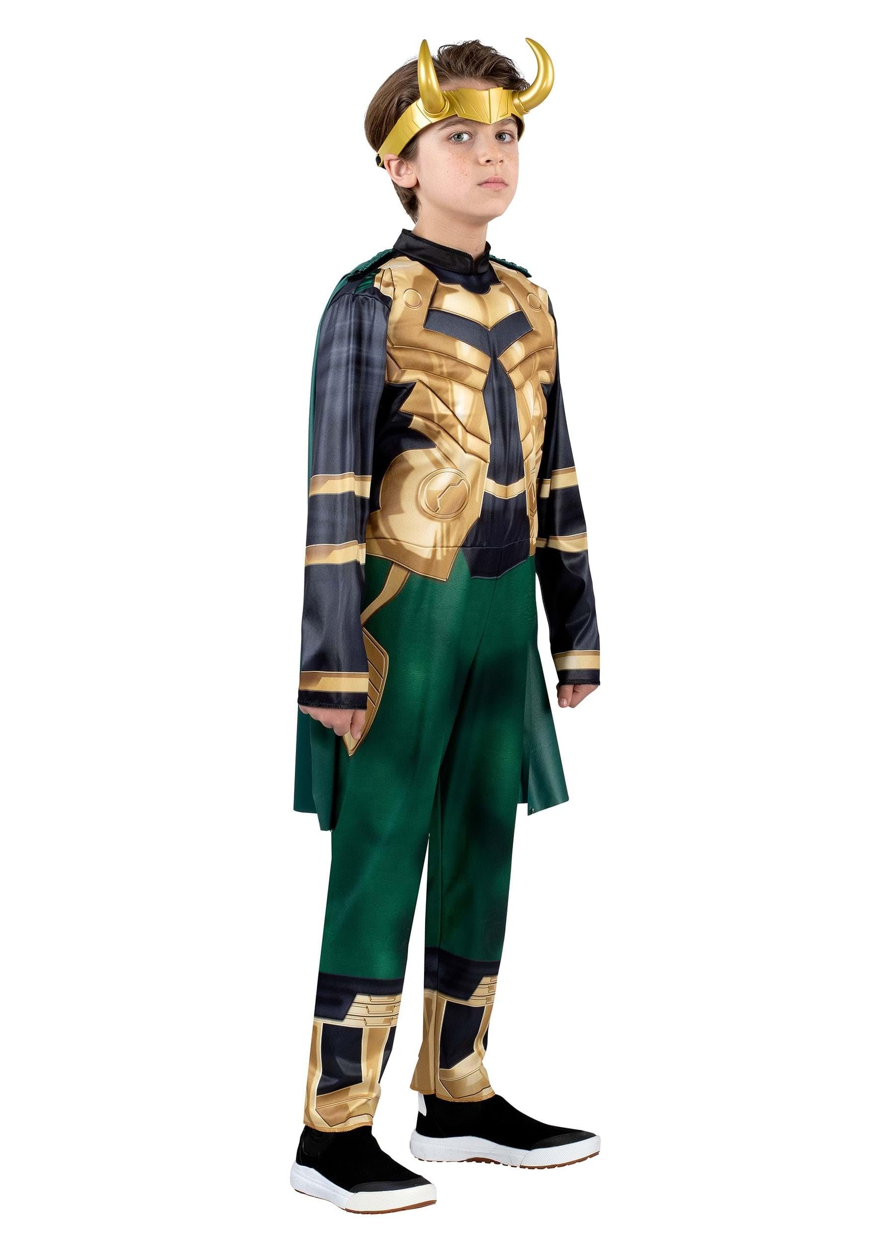 Marvel Loki Official Youth Halloween Costume - Padded Jumpsuit with Detachable Cape and Plastic Headpiece