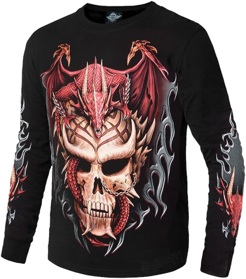 Rock Empire Ghost Red Dragon Design 3D Luminous Punk Men's Long Sleeve Tee Shirt (L)