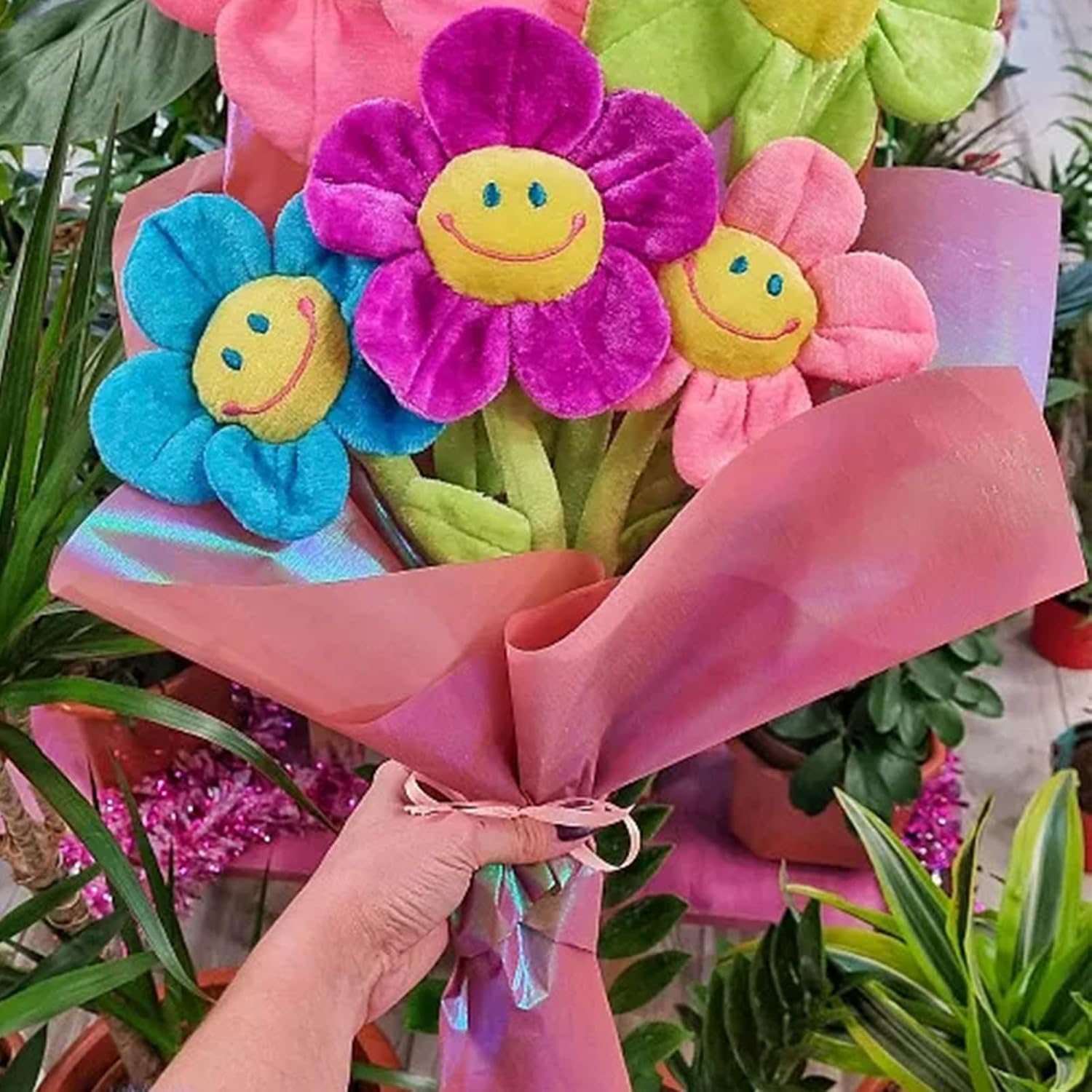 KWAGOCAR 8 Pack Artificial Plush Flower Bendable Curtain Buckle Tiebacks - Cute Sun Flower Big Smile Face With Colorful Daisy Stems - Bouquet Gift for Kids, Baby Girls, Toddlers image 5