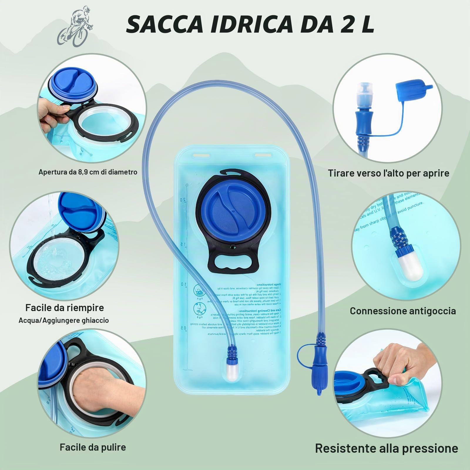 RAINSMORE Zaino per bere con bolla d'acqua, 2 l, leggero, isolato, con parapioggia, per uomo e donna