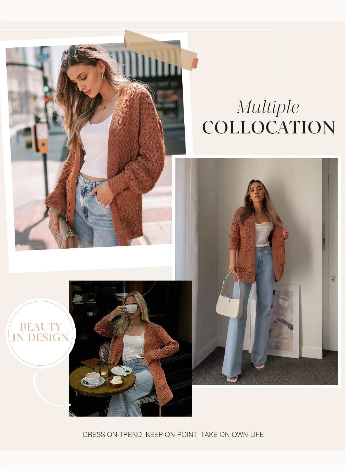 Chaqueta larga de punto para mujer, chaqueta de punto frontal abierta, abrigo con bolsillos, ropa exterior holgada informal para uso diario, marrón, M