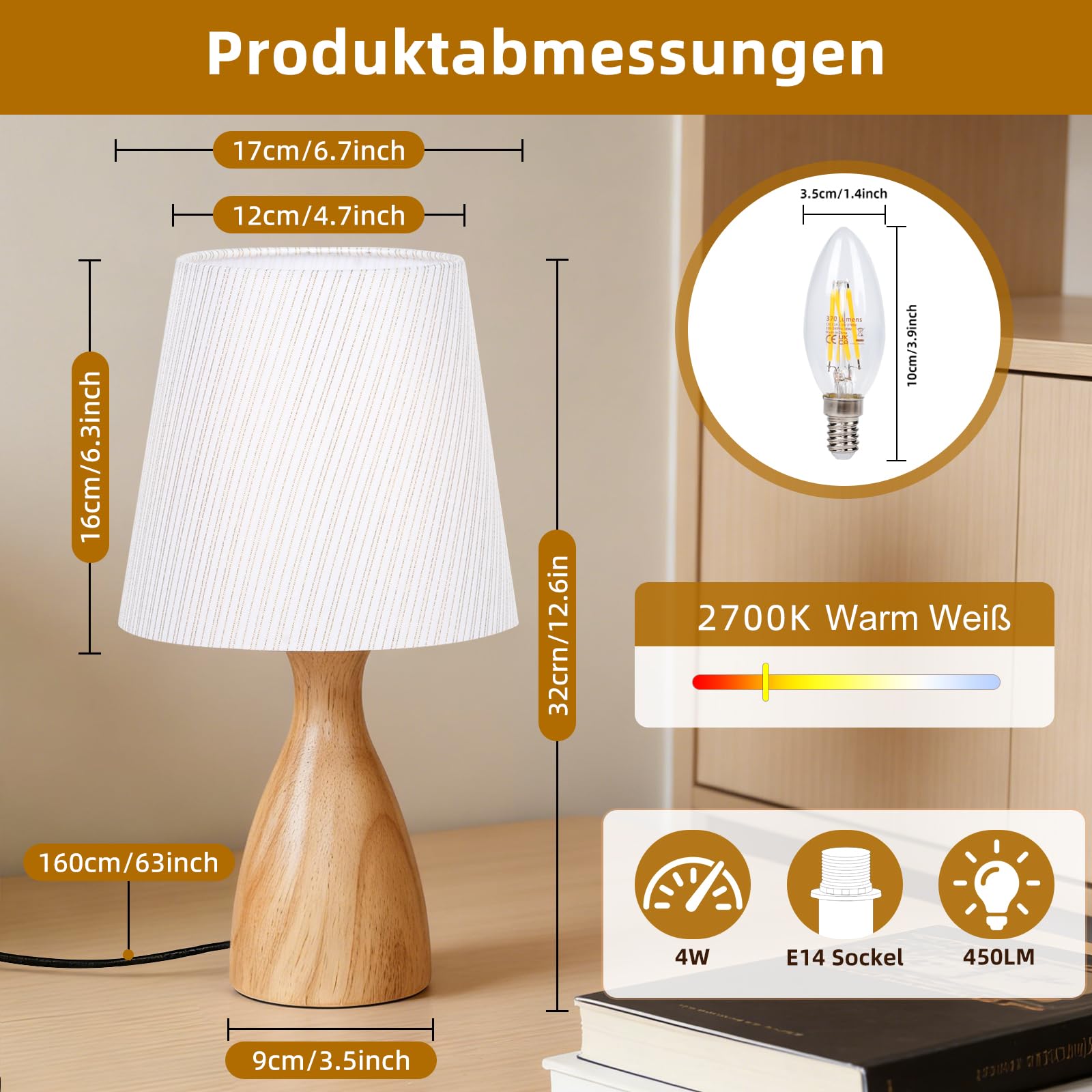 Lámpara de Mesita de Noche, Pantalla de Tela de Lino Beige, 3000K blanco cálido, Bombilla LED E14 incluida, Ideal para Dormitorio, Salón, Oficina, Regalo-1 Pieza