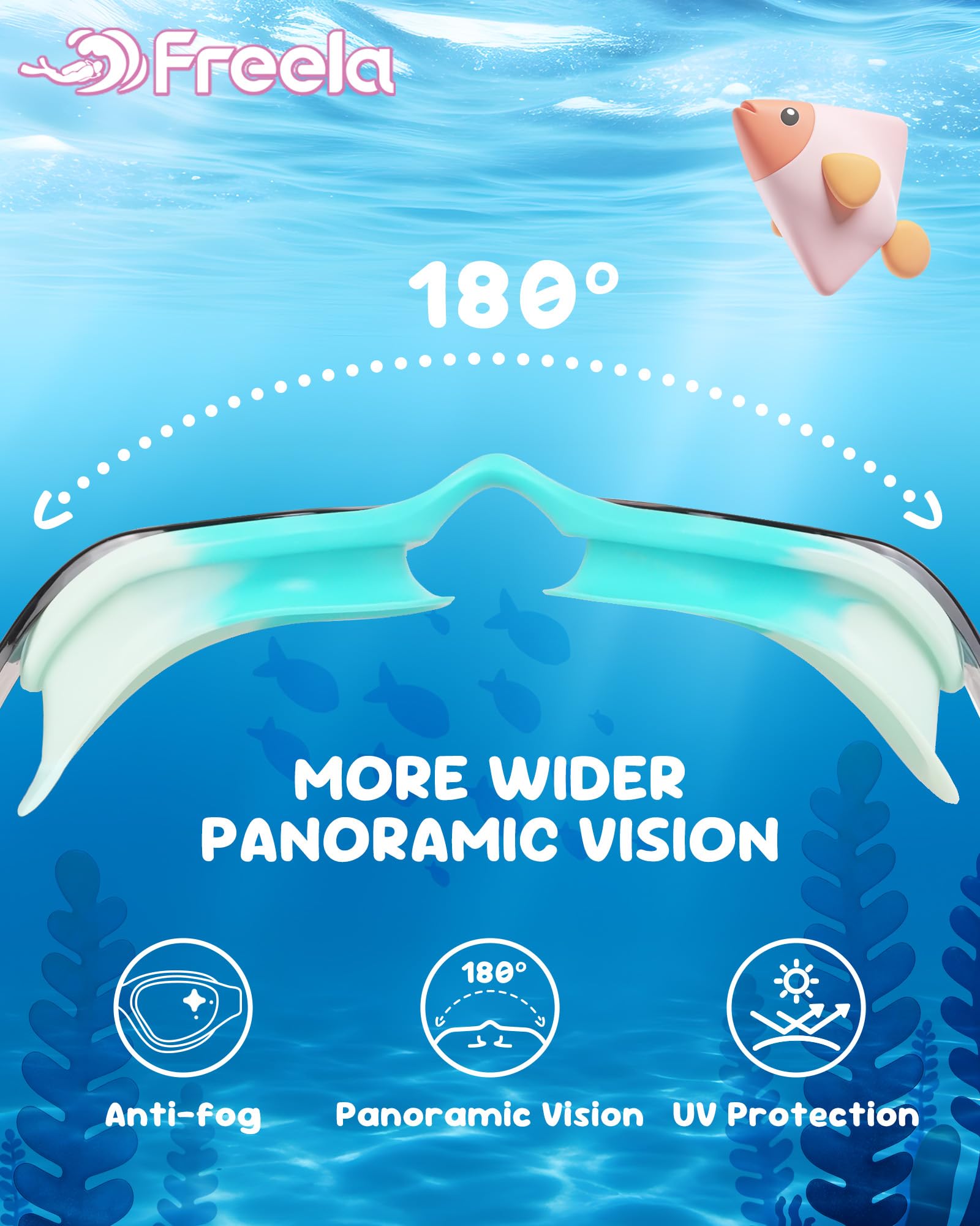 Freela Kinder-Schwimmbrille für 3–16, einteilig, Silikon, 180°-Sicht, Anti-Beschlag-Schutz, UV-Schutz, für Jungen, Mädchen, Jugendliche, 2 Stück