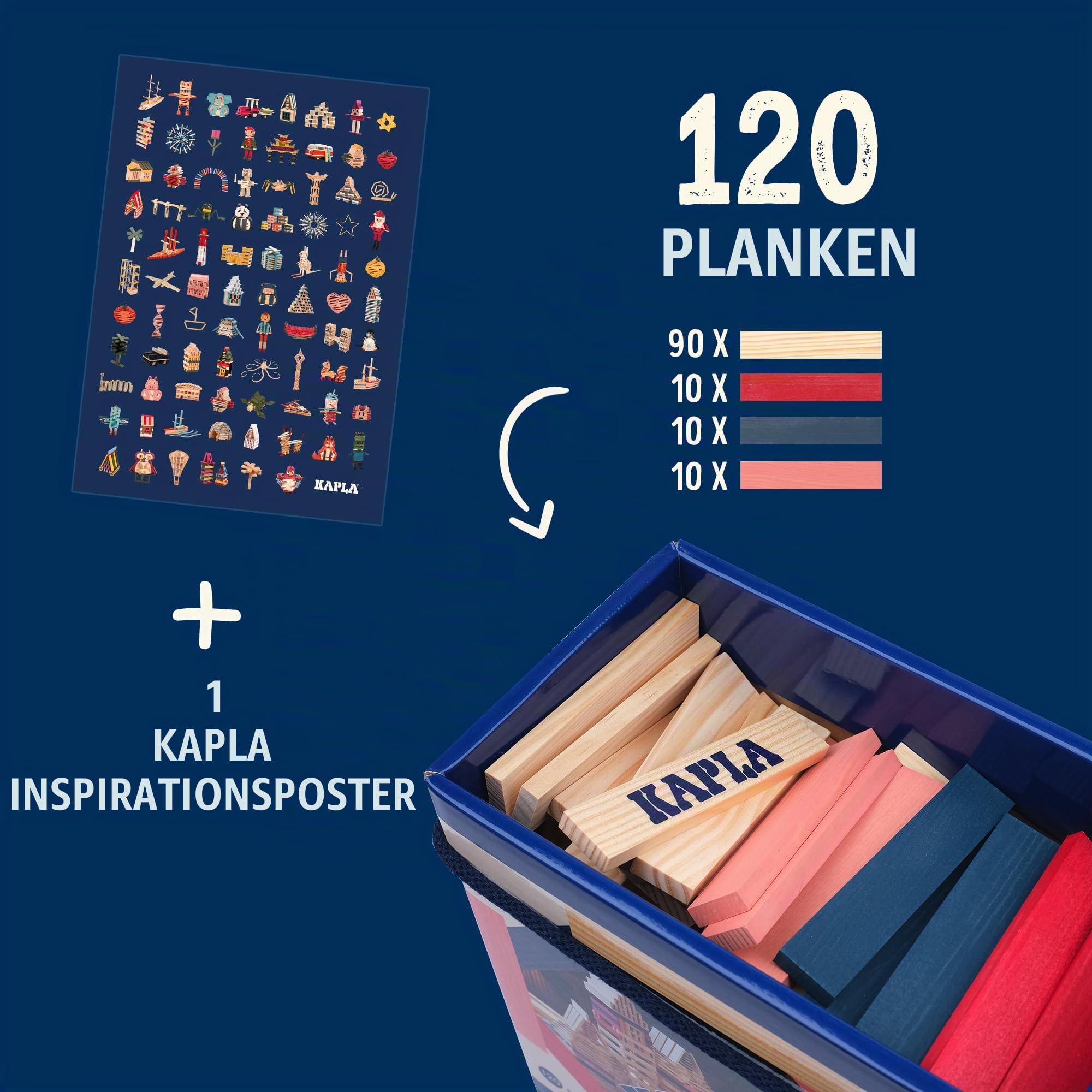 KAPLA® - Baukasten mit 120 Holzplättchen (90x Natur, 10x dunkelblau, 10x rosa, 10x rot), Konstruktionsspiele, Bausteine & Holzspielzeug, ab 2 Jahren