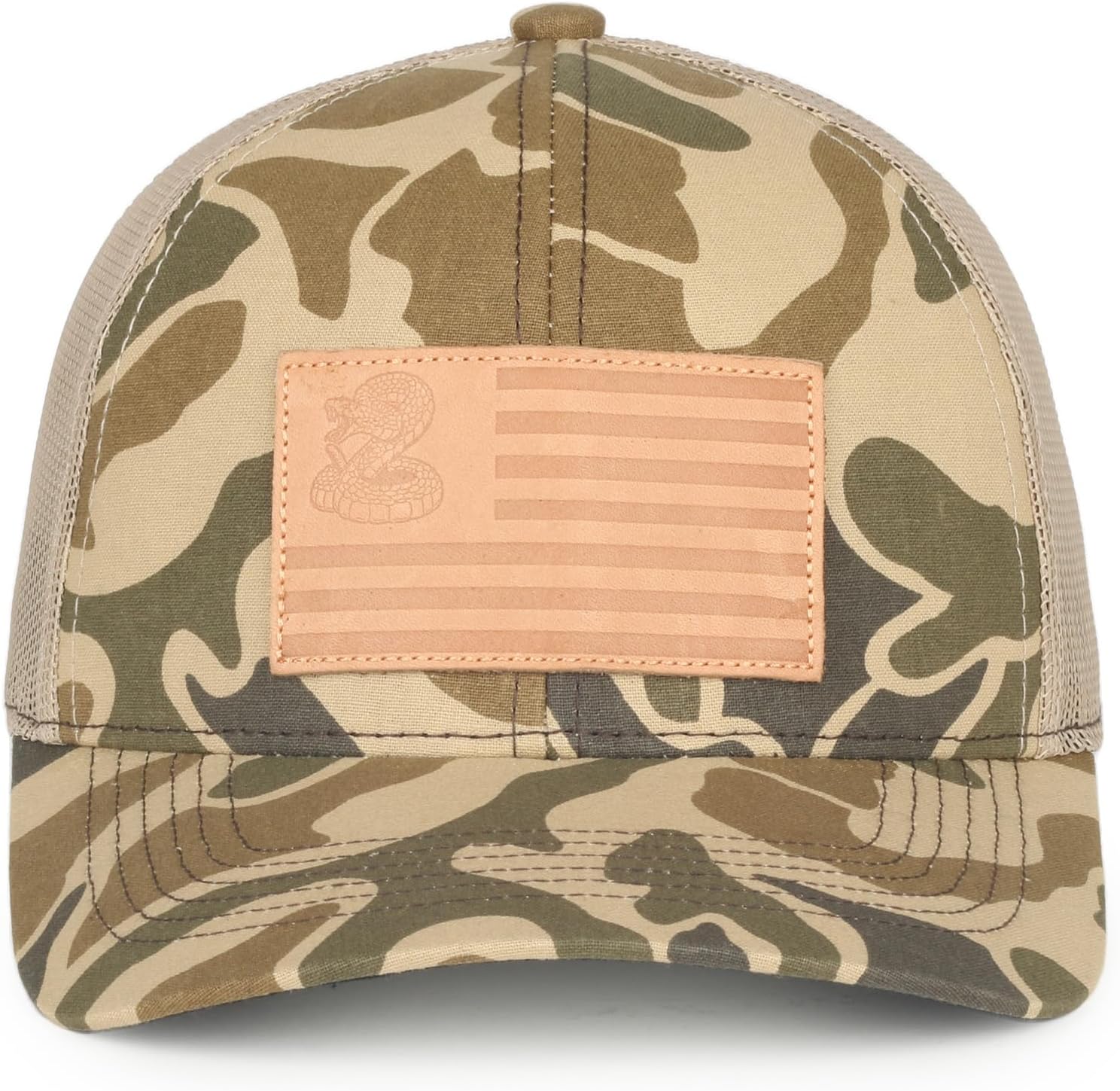 Don’t Tread on Me Camo Trucker Hat – American Flag Patch Snapback Baseball Cap, Woodland Mesh Back Hunting Hat, One Size - Image 2