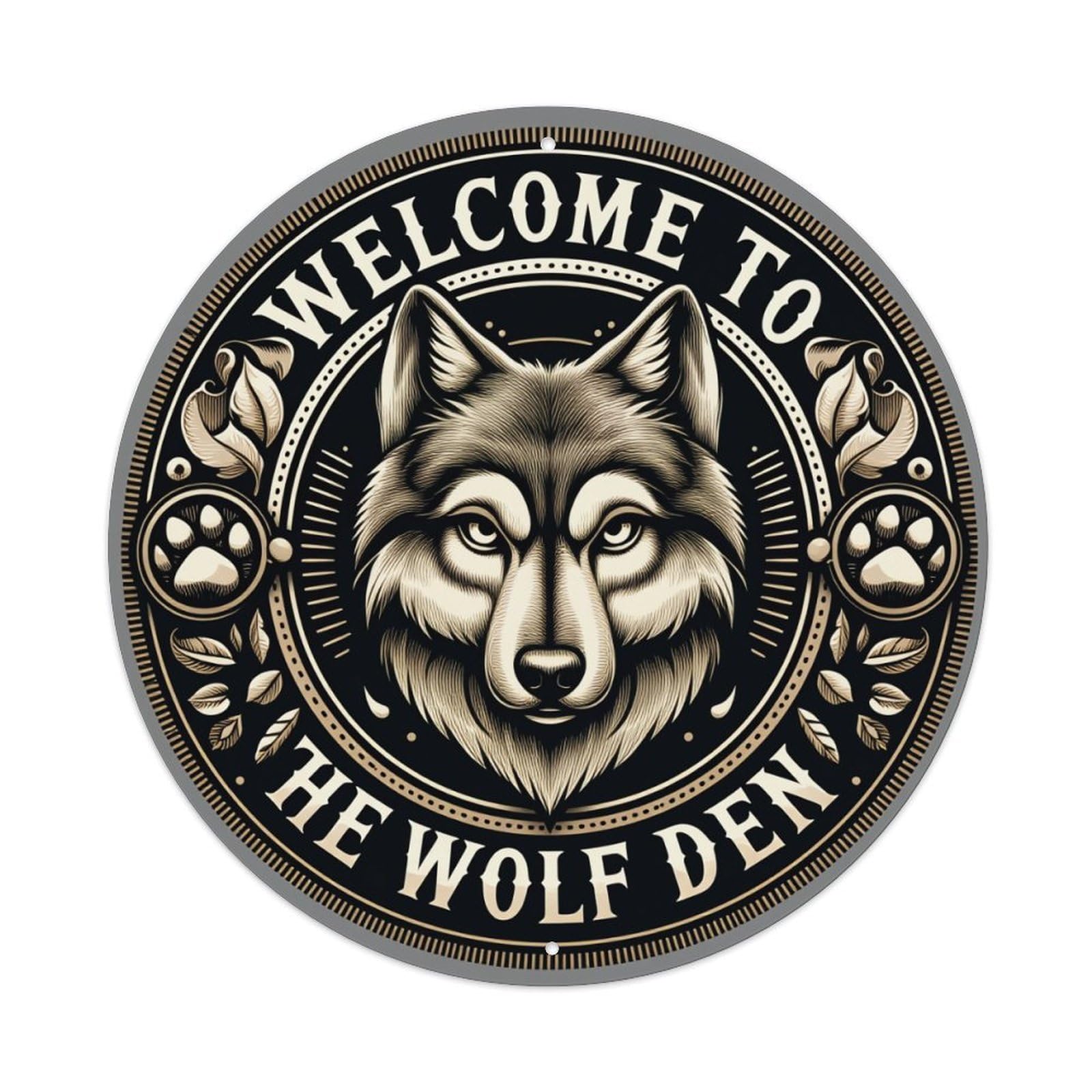 Wolf Head Emblem Design Pattern Round Tin Sign Retro Metal Sign for Cafe Bar Pub Home Game Room Gym Club Wall Decoration Vintage Metal Poster 8x8 Inch