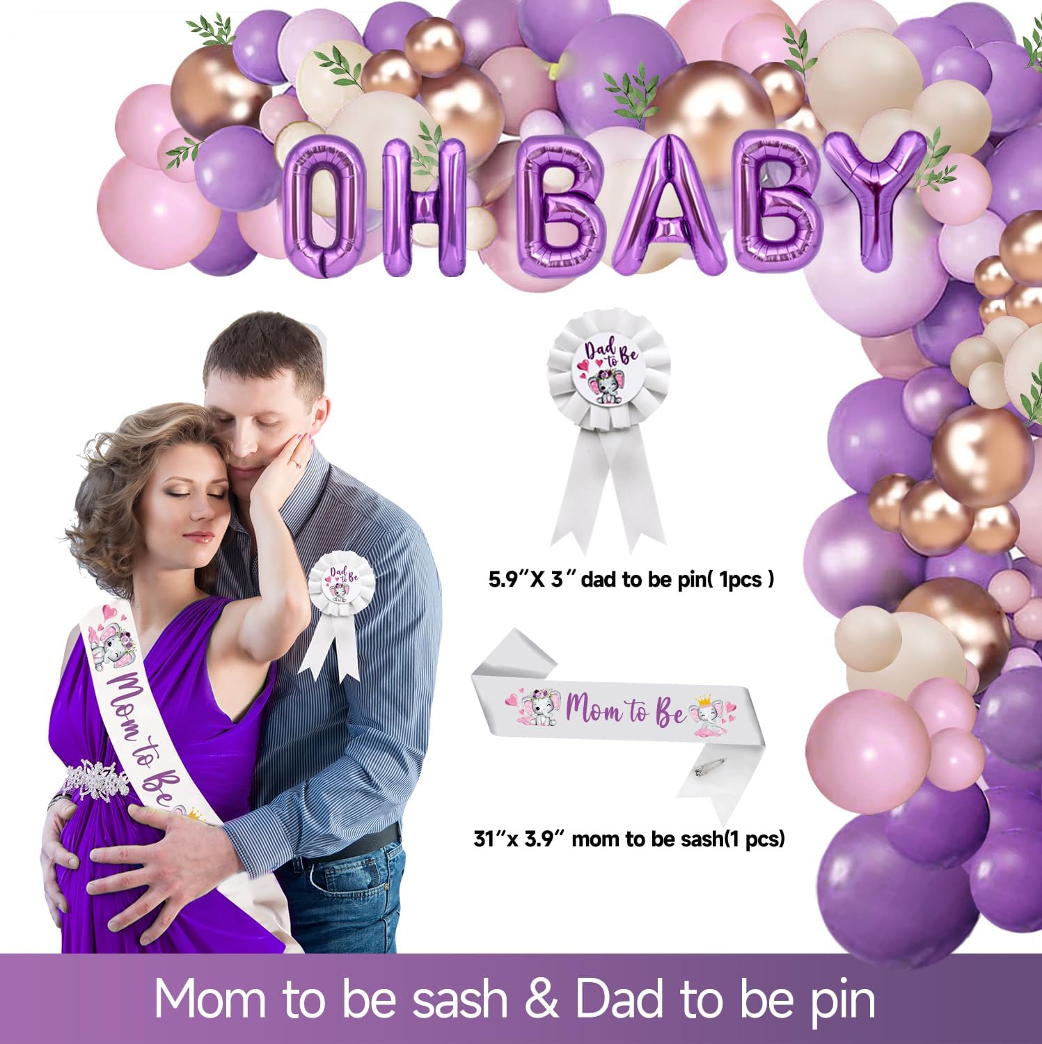 Elephant Baby Shower Decorations for Girl, Purple Elephant Baby Girl Shower Decorations, It's a Girl Backdrop Tablecloth Balloon Garland Arch BABY Box Mom to Be Sash Dad to Be Pin
