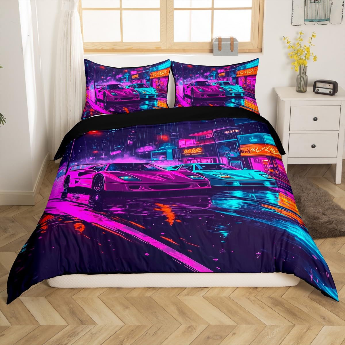 jejeloiu Race Car Bedding Set Toddler Size Extreme Sports Comforter Cover Set for Boys Girls Teens Speed Sports Car Duvet Cover Racing Car Bedspread Cover Room Decor Teal Rose Quilt Cover,No Comforter