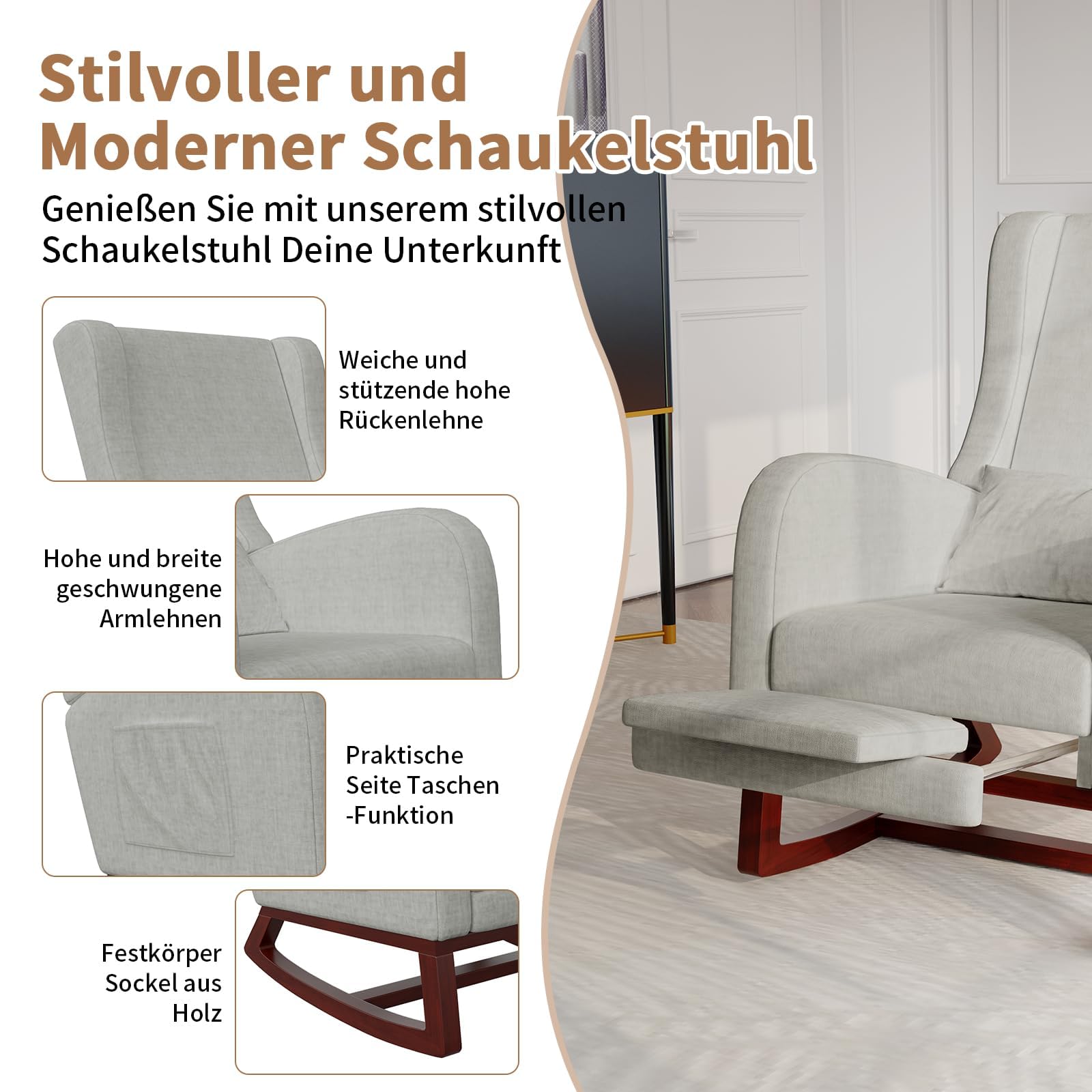 Silla Mecedora con reposabrazos y Bolsillos Laterales, Patas de Madera Maciza, Silla de relajación para Lactancia, Adecuada para Sala de Estar y Dormitorio, con cojín Acolchado (Gris)