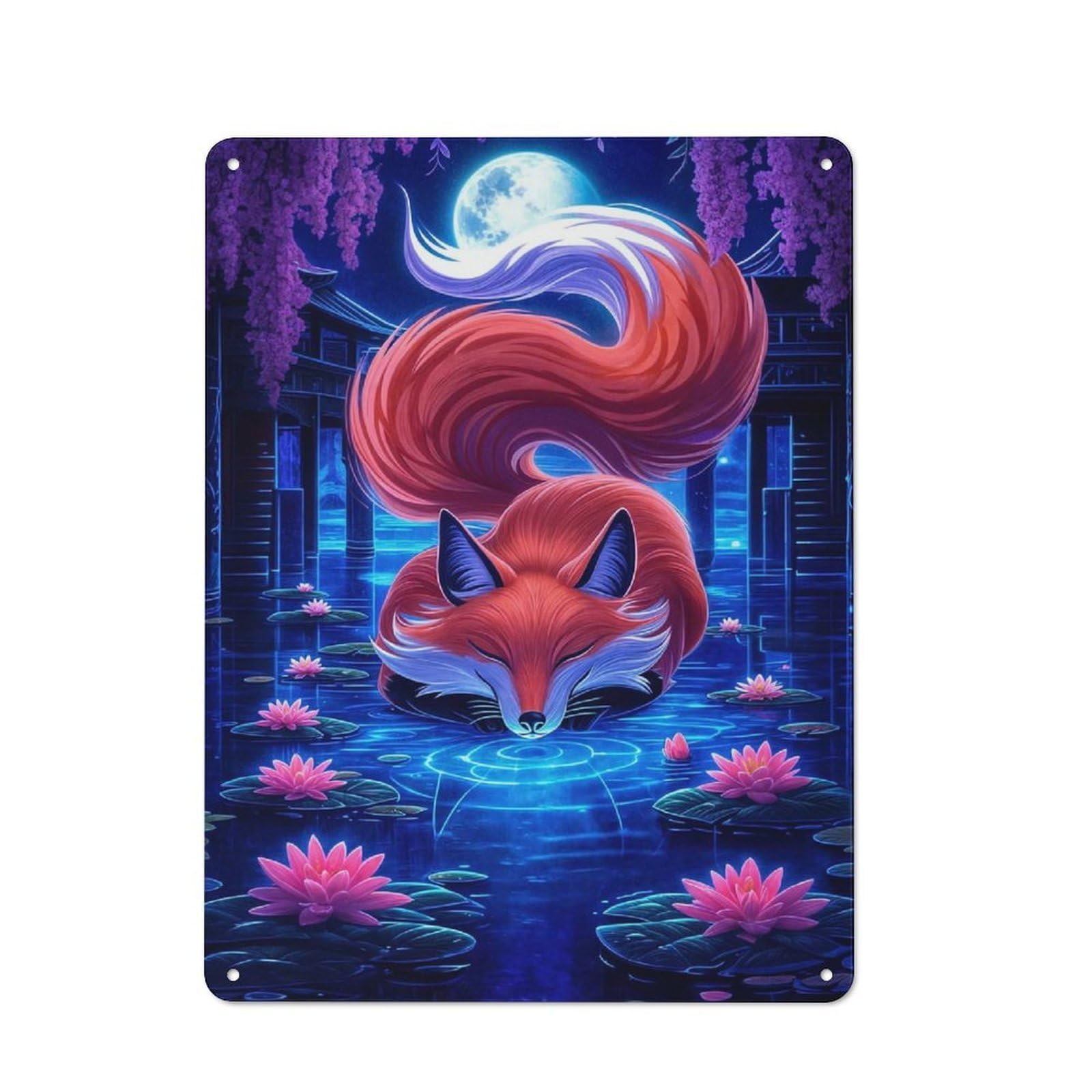 Junmoney Style-14 Tin Wall Plaque 40X30cm With Lotus Fox For Garage Wall, With Clear Vintage Wall Decor Character