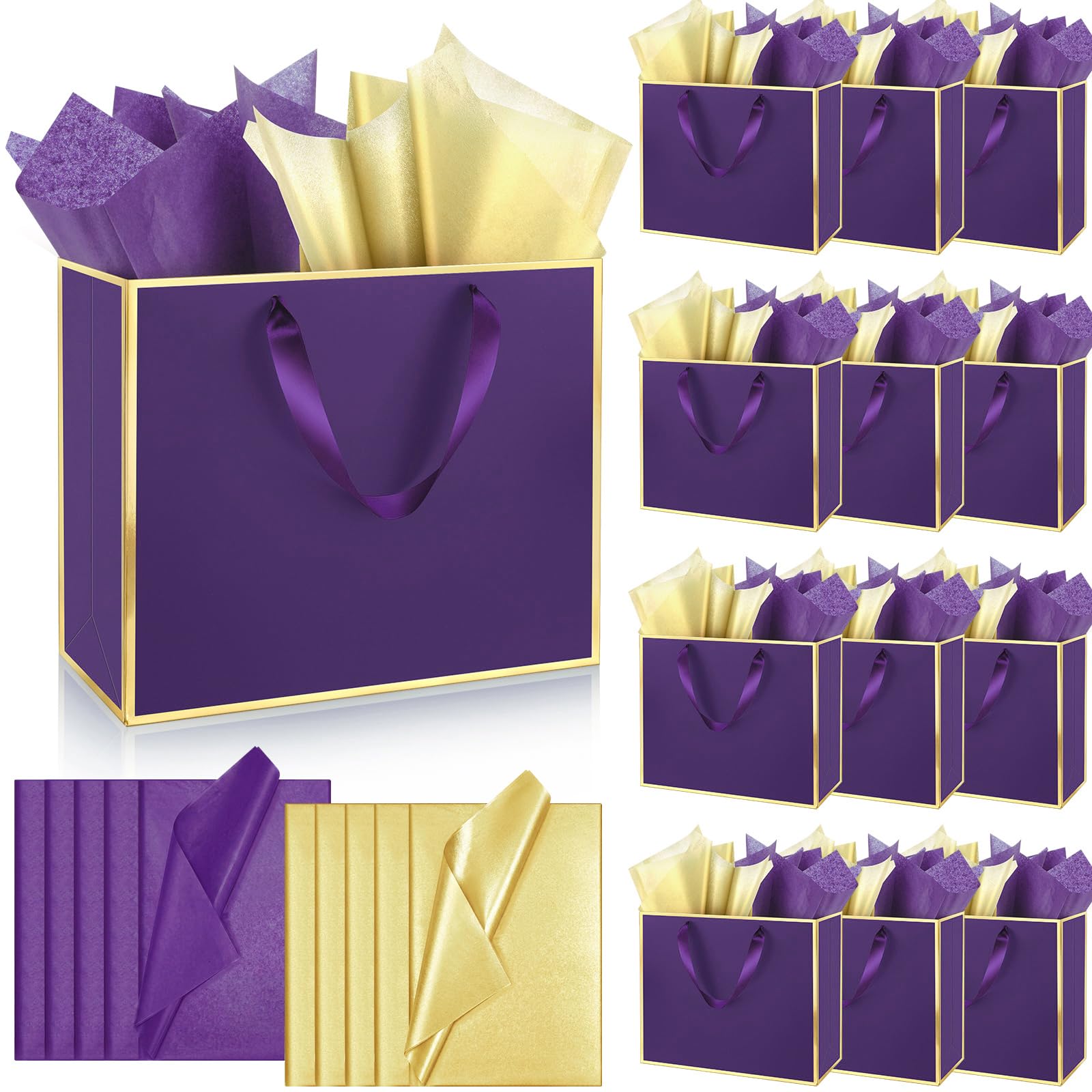 ReliThick 12 Pack Paper Gift Bag with Handles &amp; Tissue, Dark Purple, Gold