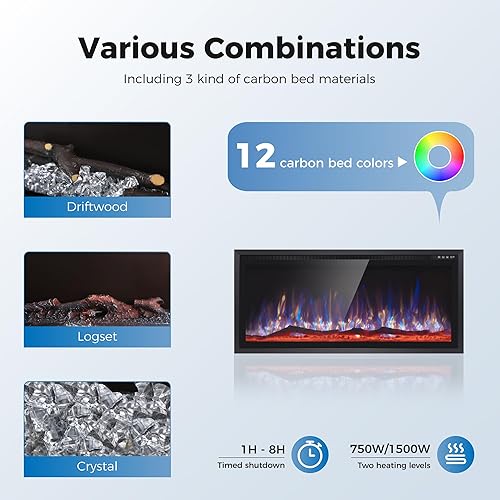 Miniatura 5 de MAISON ARTS Chimenea eléctrica de 30 pulgadas para interiores montado en la pared y empotrado con control remoto y pantalla táctil temporizador de 8