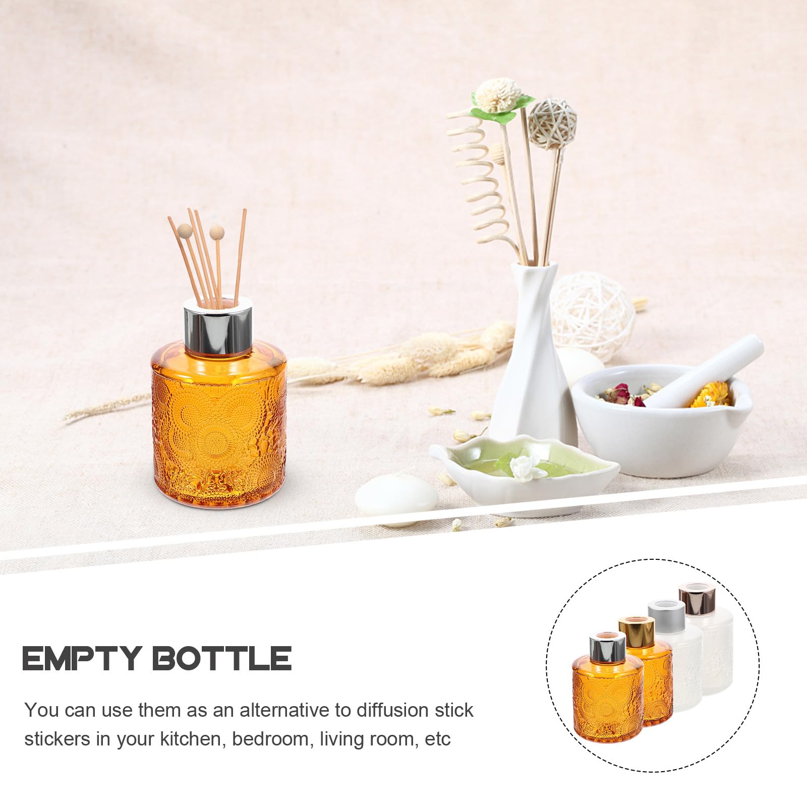 CRAFTHROU 4 Stück Duftdiffusor Flasche aus Glas mit Prägung Dekorativ und Elegant Aluminiumlegierung Halter für Aromatherapie und Schlafzimmer Dekoration Zufällige Farbe