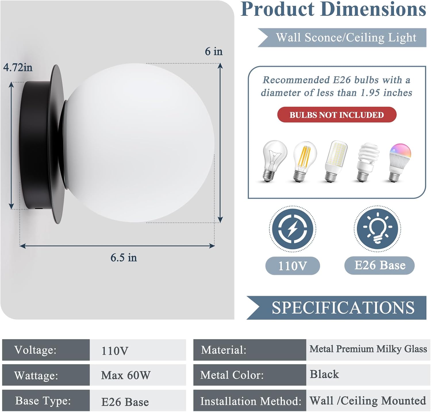 Wall Sconce Set of 2, Modern Matte Black Wall Light Fixtures, Globe Glass Wall Sconces, Milk Glass Shade Ball Vanity Light for Bathroom Mirror, Living Room, Hallway, Entryway