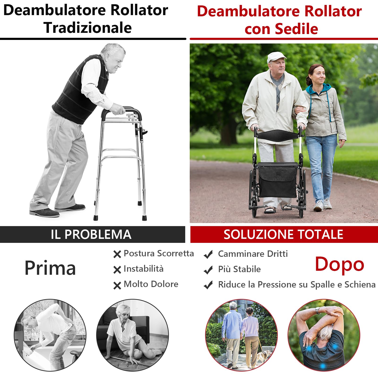 GYMAX Deambulatore 2-in-1 con Sella, Passeggio per Anziani Pieghevole con Altezza Regolabile, Borsa di Stoccaggio Rimovibile, Sedia a Rotelle in Alluminio Leggera, Nero